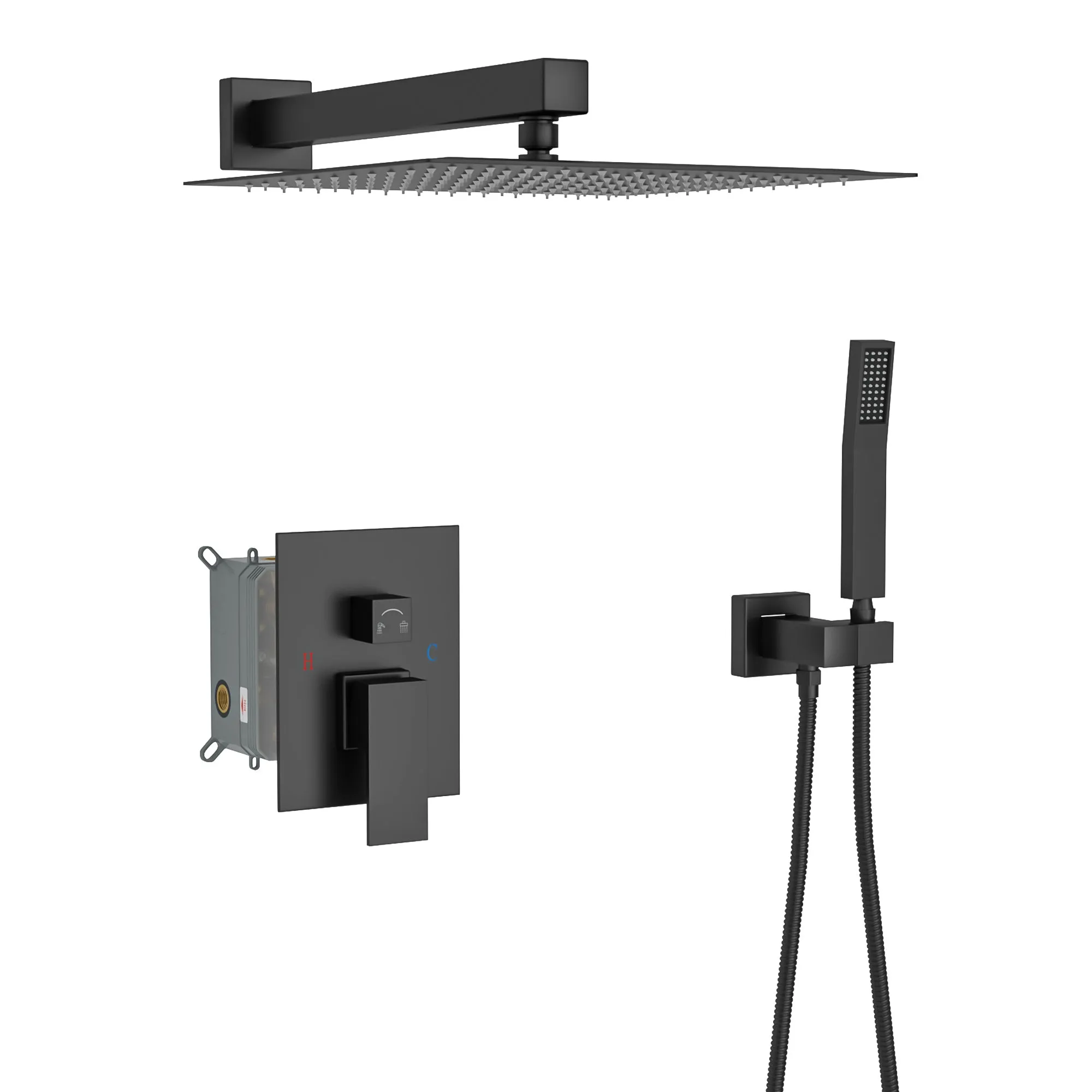 Dual Shower Head - 12 Inch Wall Mounted Square Shower System with Rough-in Valve,Matte black