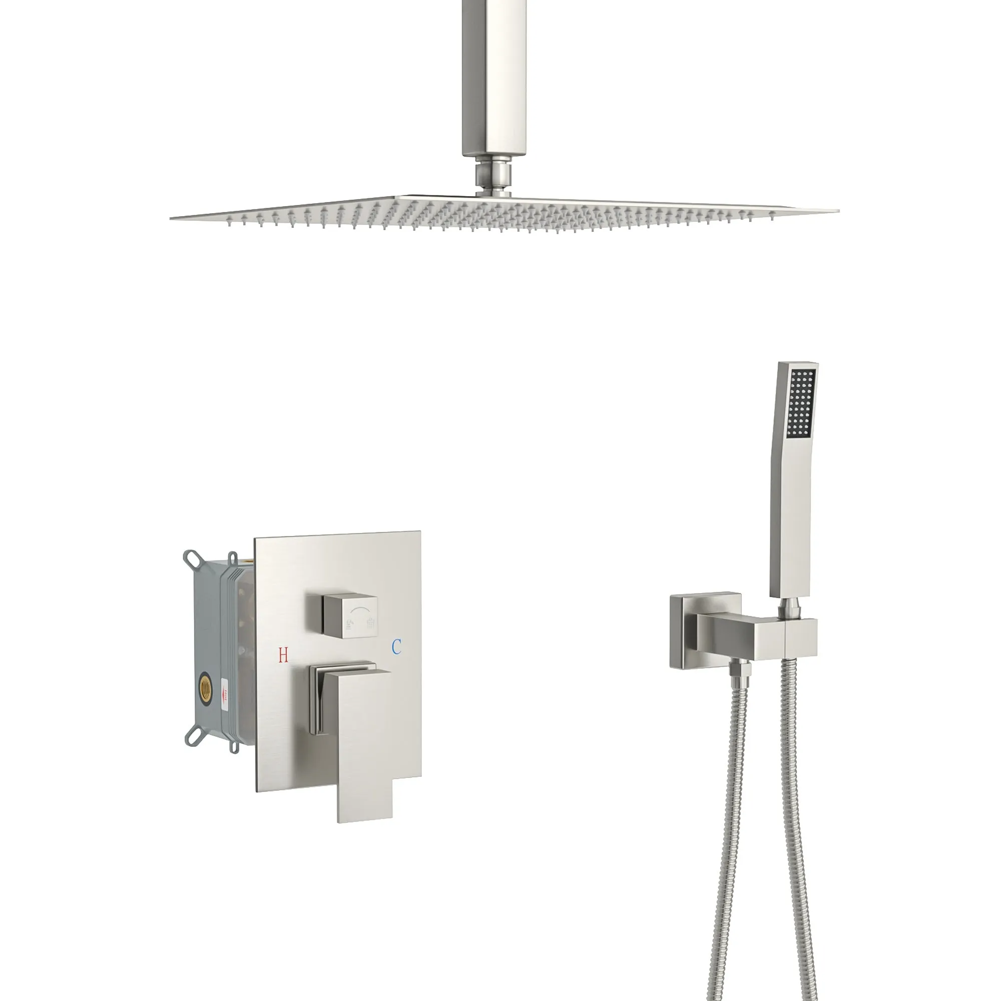 Dual Shower Head - 16 Inch Ceiling Mount Square Shower System with Rough-in Valve, Brushed Nickel