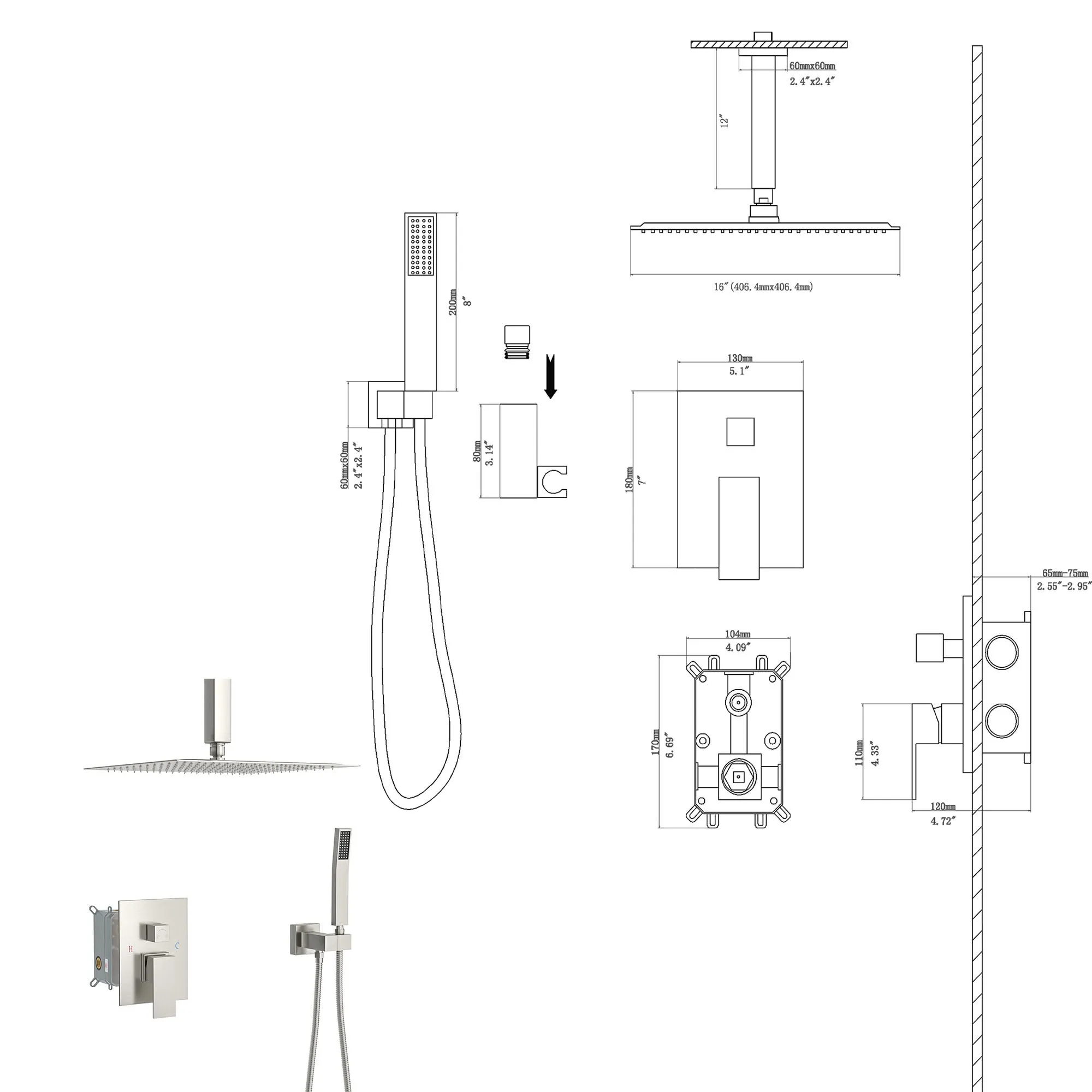 Dual Shower Head - 16 Inch Ceiling Mount Square Shower System with Rough-in Valve, Brushed Nickel