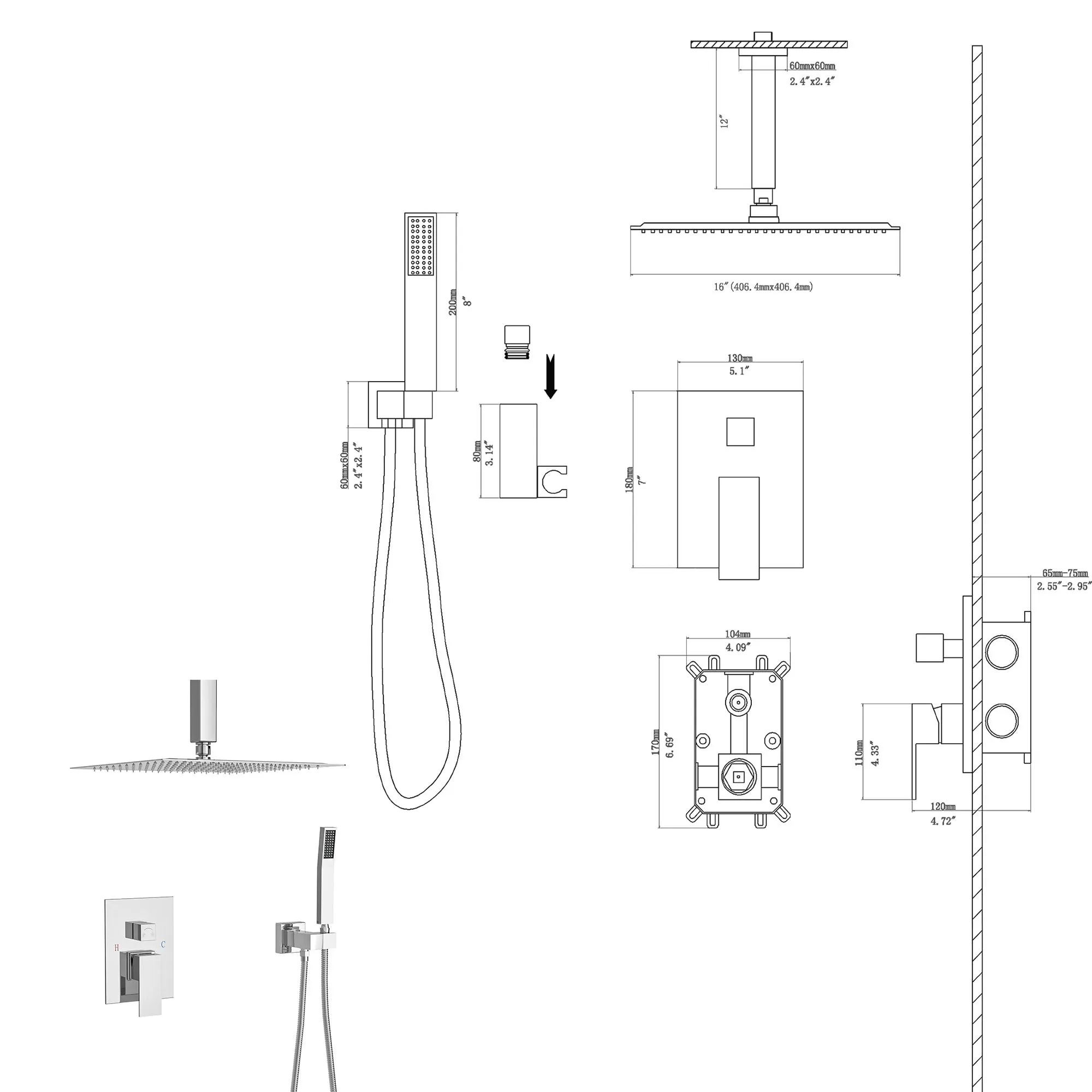 Dual Shower Head - 16 Inch Ceiling Mount Square Shower System with Rough-in Valve, Chrome