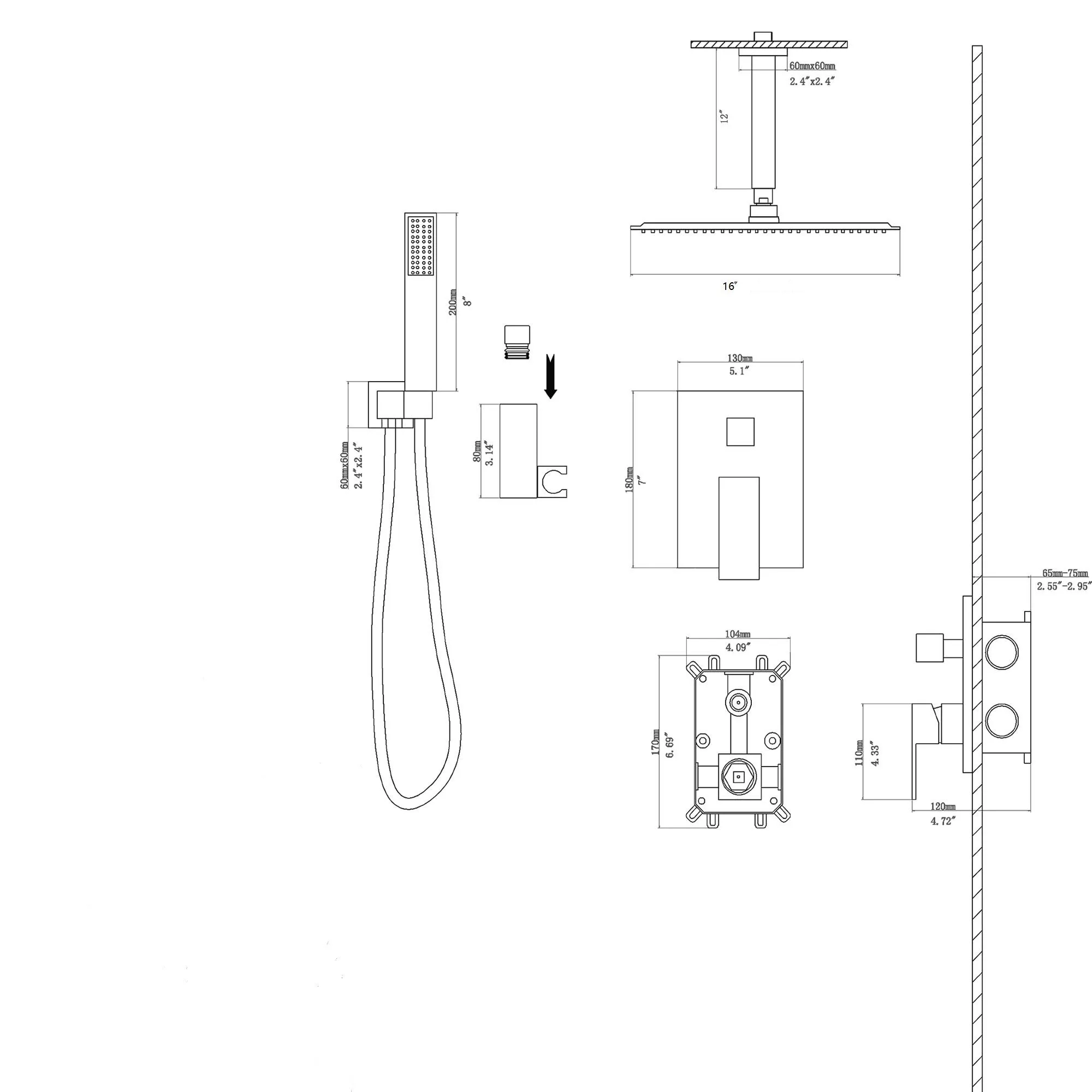 Dual Shower Head - 16 Inch Ceiling Mount Square Shower System with Rough-in Valve, Gold