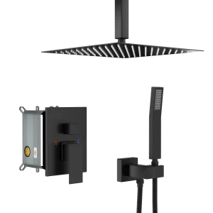 Dual Shower Head - 16 Inch Ceiling Mount Square Shower System with Rough-in Valve, Matte black