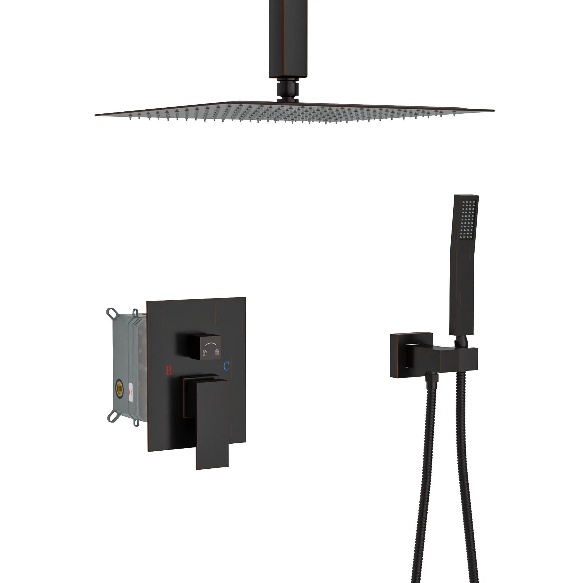 Dual Shower Head - 16 Inch Ceiling Mount Square Shower System with Rough-in Valve, Oil Rubber Bronze