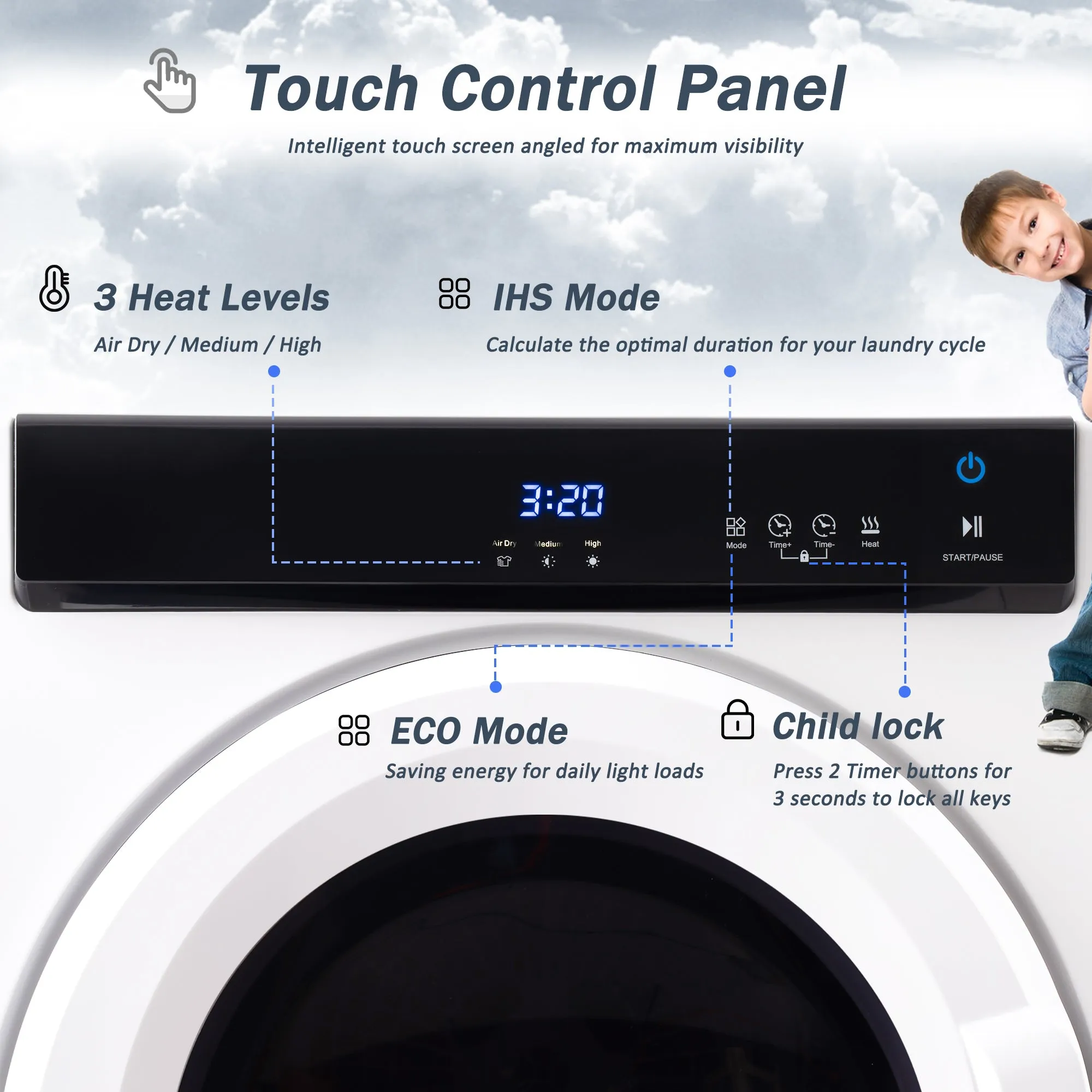 Electric Portable Clothes Dryer, Front Load Laundry Dryer with Touch Screen Panel and Stainless Steel Tub for Apartments, Dormitory, and RVs