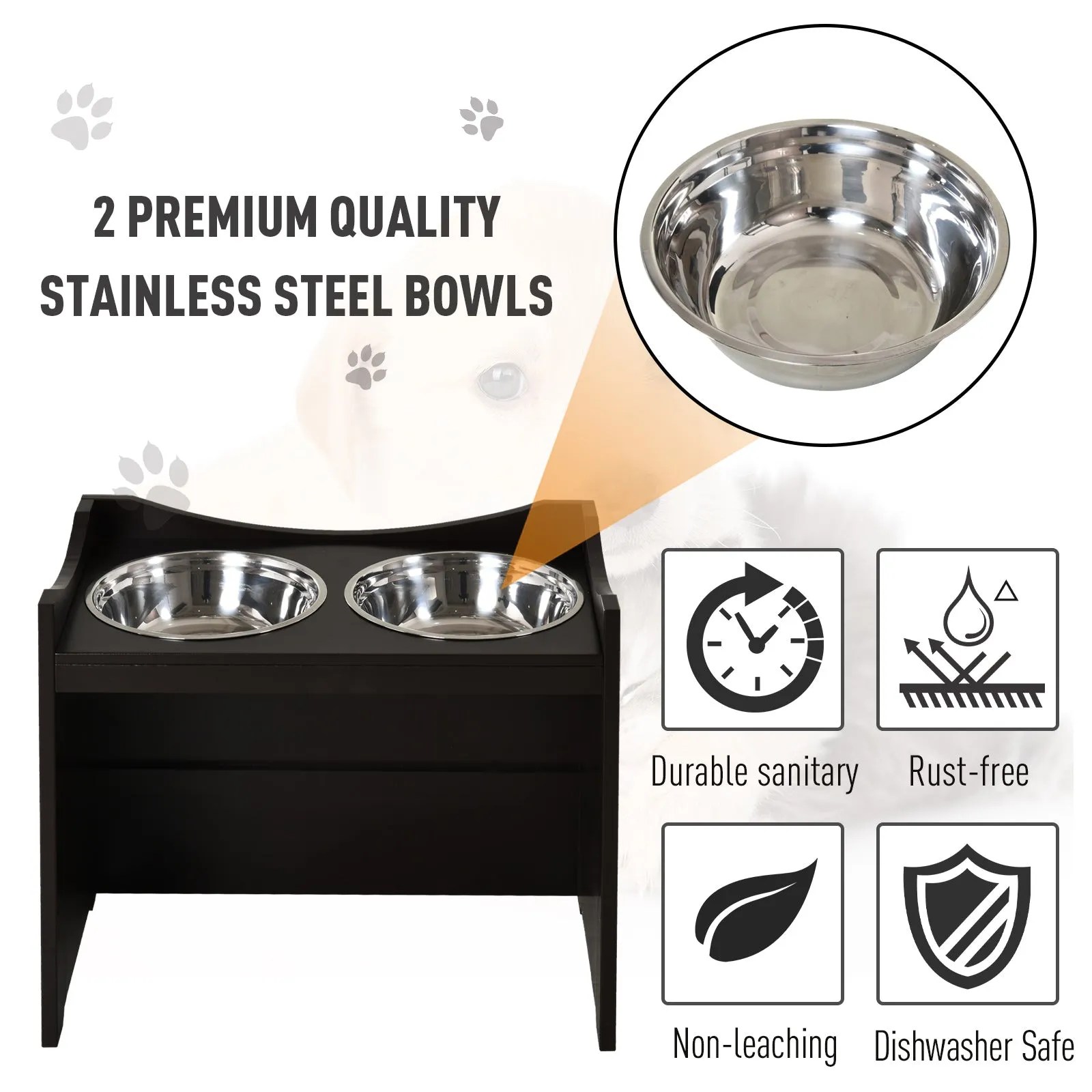 Elevated Duo Pet Feeder w/ 2 Stainless Steel Bowls MDF Frame Adjustable Shelf Handles Raised Dog Cat Food Drink 47x54cm Brown