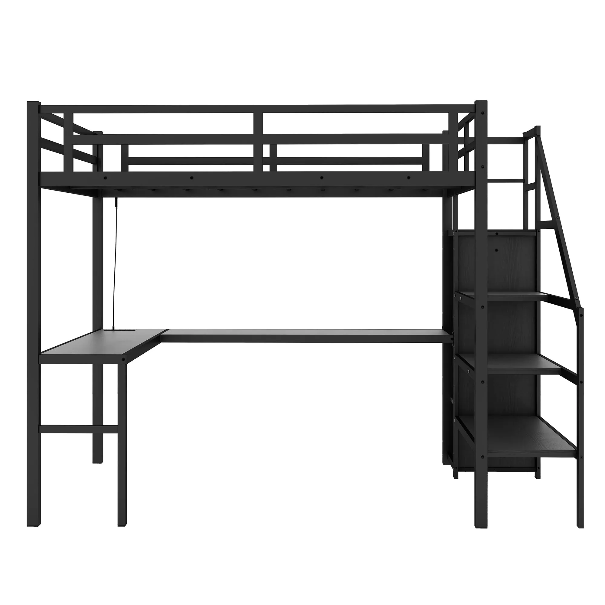 Full Size Loft Bed with L-shaped Desk and USB, Metal Loft Bed with Wardrobe and Adjustable Shelf, High Loft Bed with LED for Kids Teens Adults, Black