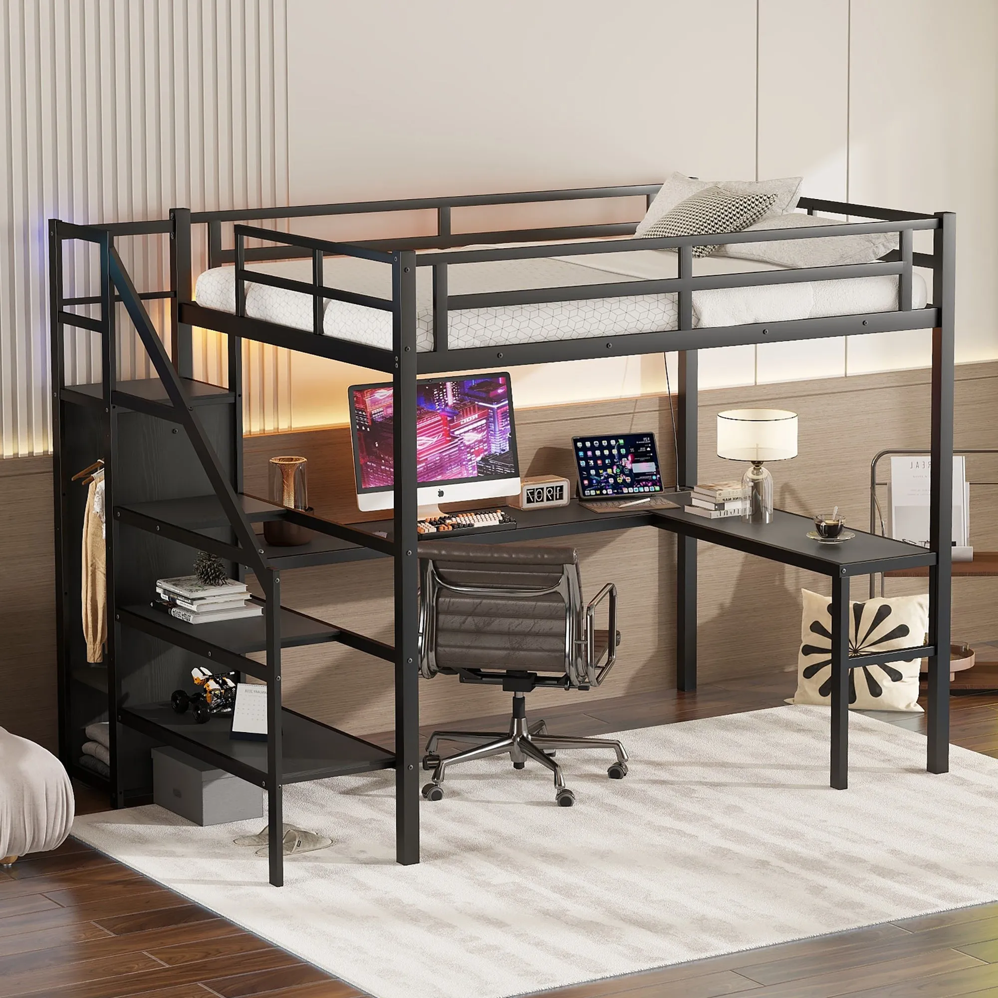 Full Size Loft Bed with L-shaped Desk and USB, Metal Loft Bed with Wardrobe and Adjustable Shelf, High Loft Bed with LED for Kids Teens Adults, Black