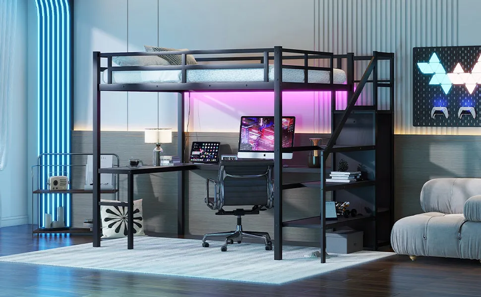 Full Size Loft Bed with L-shaped Desk and USB, Metal Loft Bed with Wardrobe and Adjustable Shelf, High Loft Bed with LED for Kids Teens Adults, Black