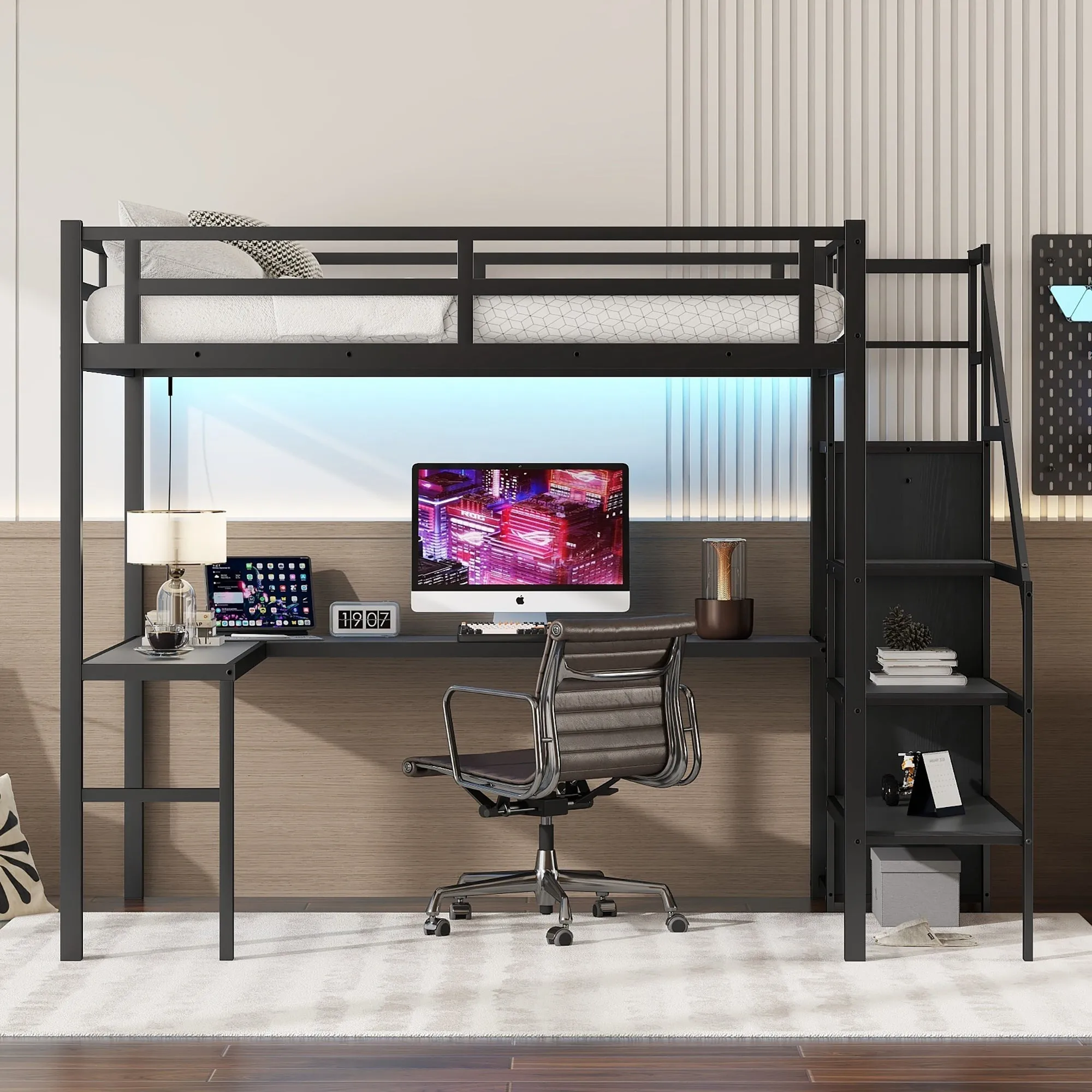 Full Size Loft Bed with L-shaped Desk and USB, Metal Loft Bed with Wardrobe and Adjustable Shelf, High Loft Bed with LED for Kids Teens Adults, Black