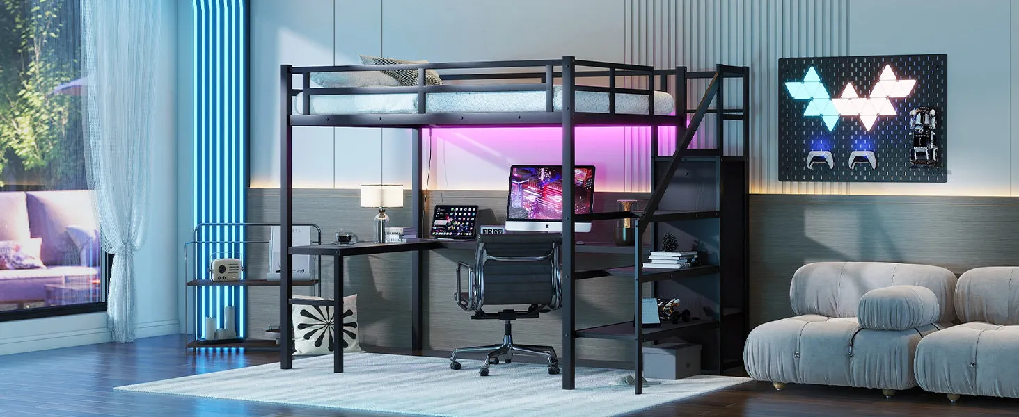 Full Size Loft Bed with L-shaped Desk and USB, Metal Loft Bed with Wardrobe and Adjustable Shelf, High Loft Bed with LED for Kids Teens Adults, Black