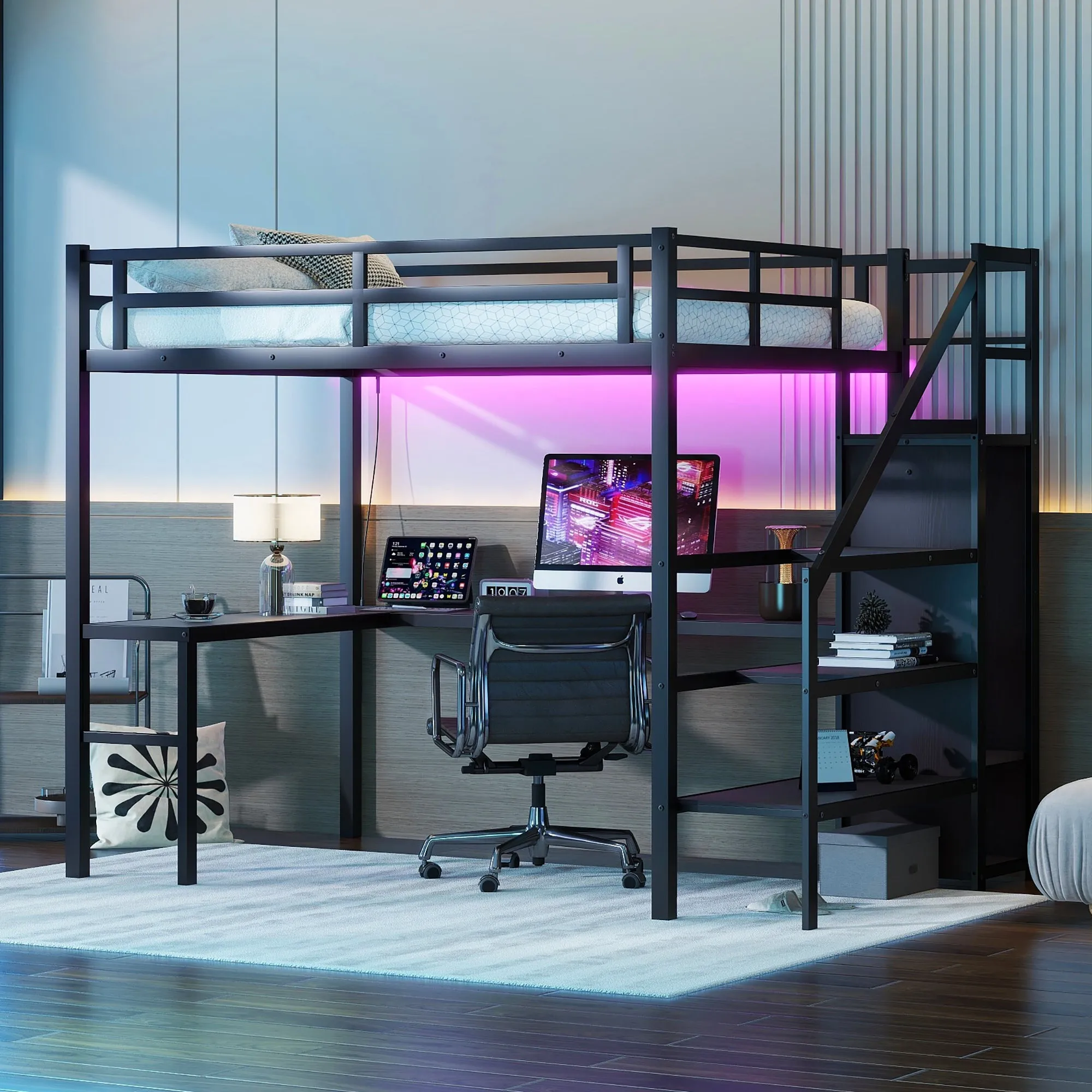 Full Size Loft Bed with L-shaped Desk and USB, Metal Loft Bed with Wardrobe and Adjustable Shelf, High Loft Bed with LED for Kids Teens Adults, Black