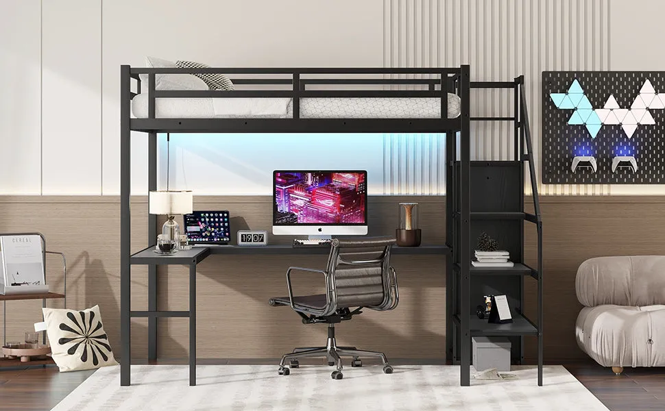 Full Size Loft Bed with L-shaped Desk and USB, Metal Loft Bed with Wardrobe and Adjustable Shelf, High Loft Bed with LED for Kids Teens Adults, Black