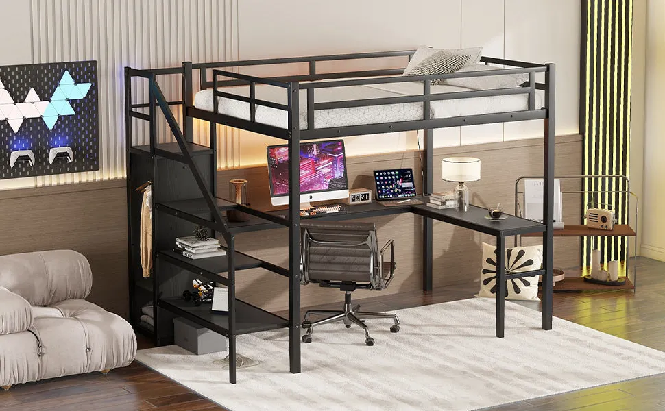 Full Size Loft Bed with L-shaped Desk and USB, Metal Loft Bed with Wardrobe and Adjustable Shelf, High Loft Bed with LED for Kids Teens Adults, Black