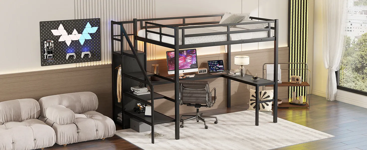 Full Size Loft Bed with L-shaped Desk and USB, Metal Loft Bed with Wardrobe and Adjustable Shelf, High Loft Bed with LED for Kids Teens Adults, Black