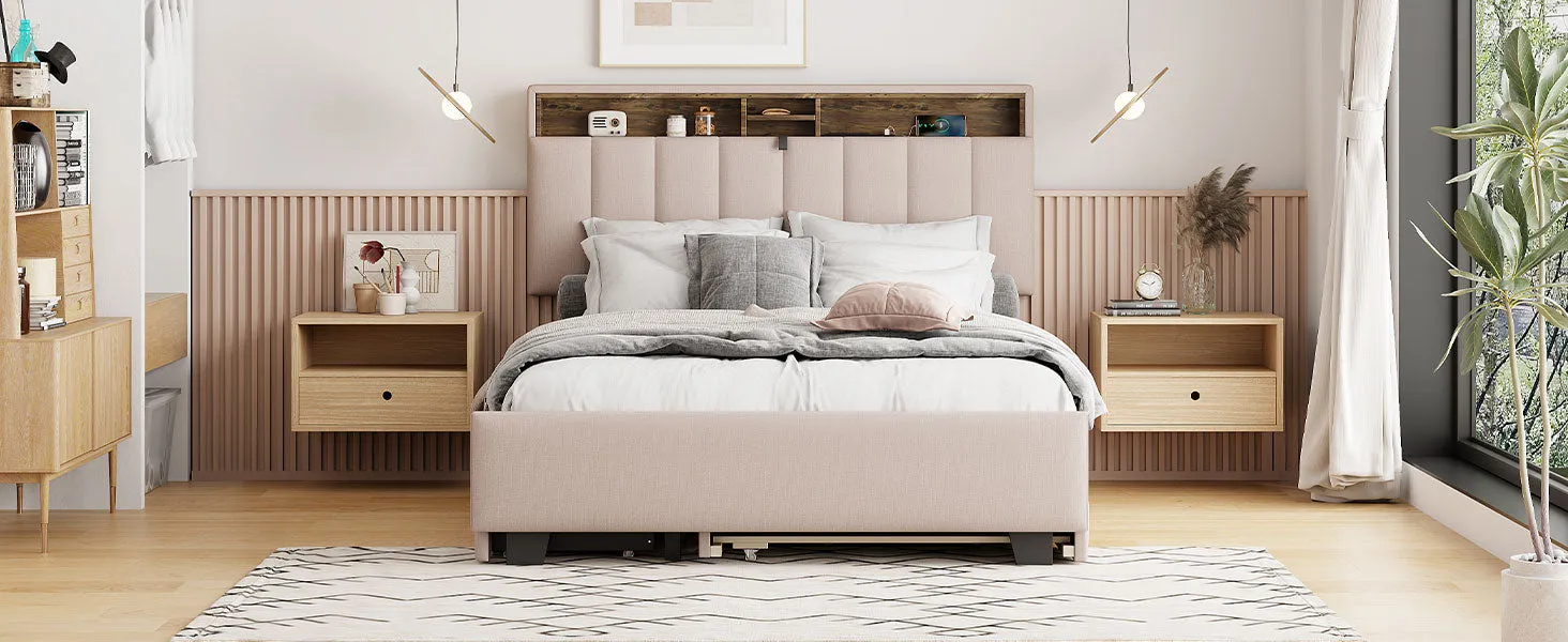 Full size Upholstered Platform Bed with Storage Headboard, Twin Size Trundle & 2 drawers and a set of Sockets & USB Ports, Linen Fabric, Beige