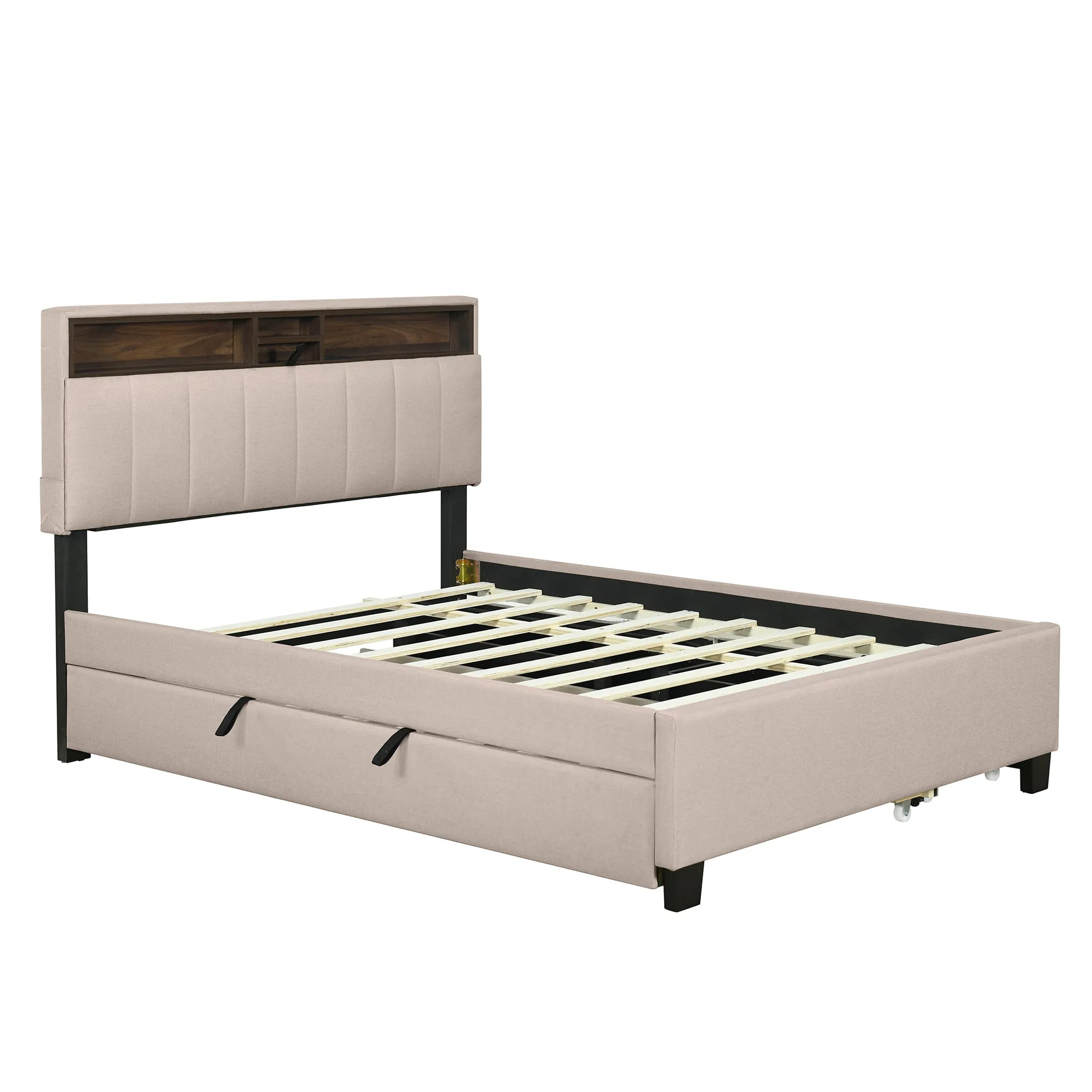 Full size Upholstered Platform Bed with Storage Headboard, Twin Size Trundle & 2 drawers and a set of Sockets & USB Ports, Linen Fabric, Beige