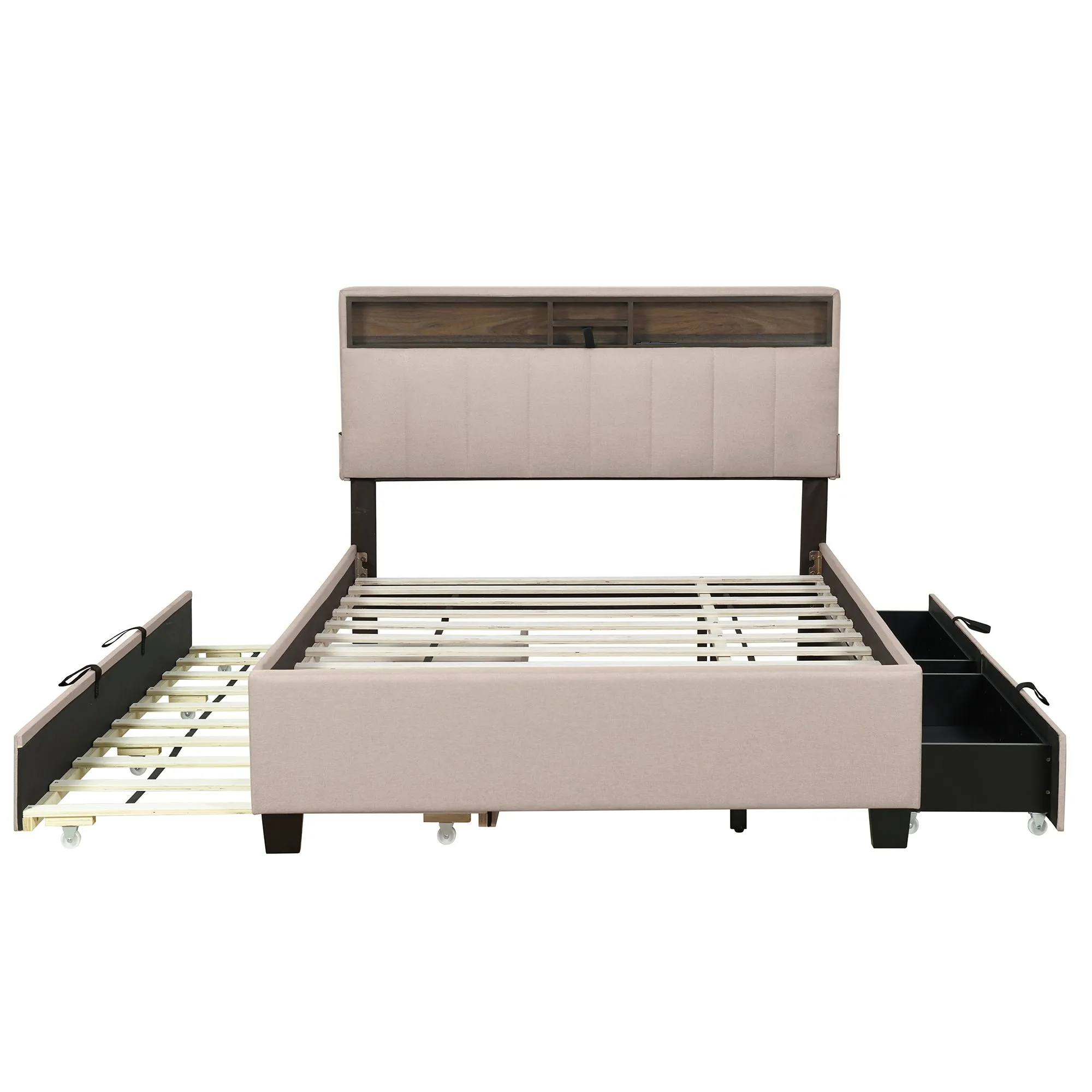 Full size Upholstered Platform Bed with Storage Headboard, Twin Size Trundle & 2 drawers and a set of Sockets & USB Ports, Linen Fabric, Beige