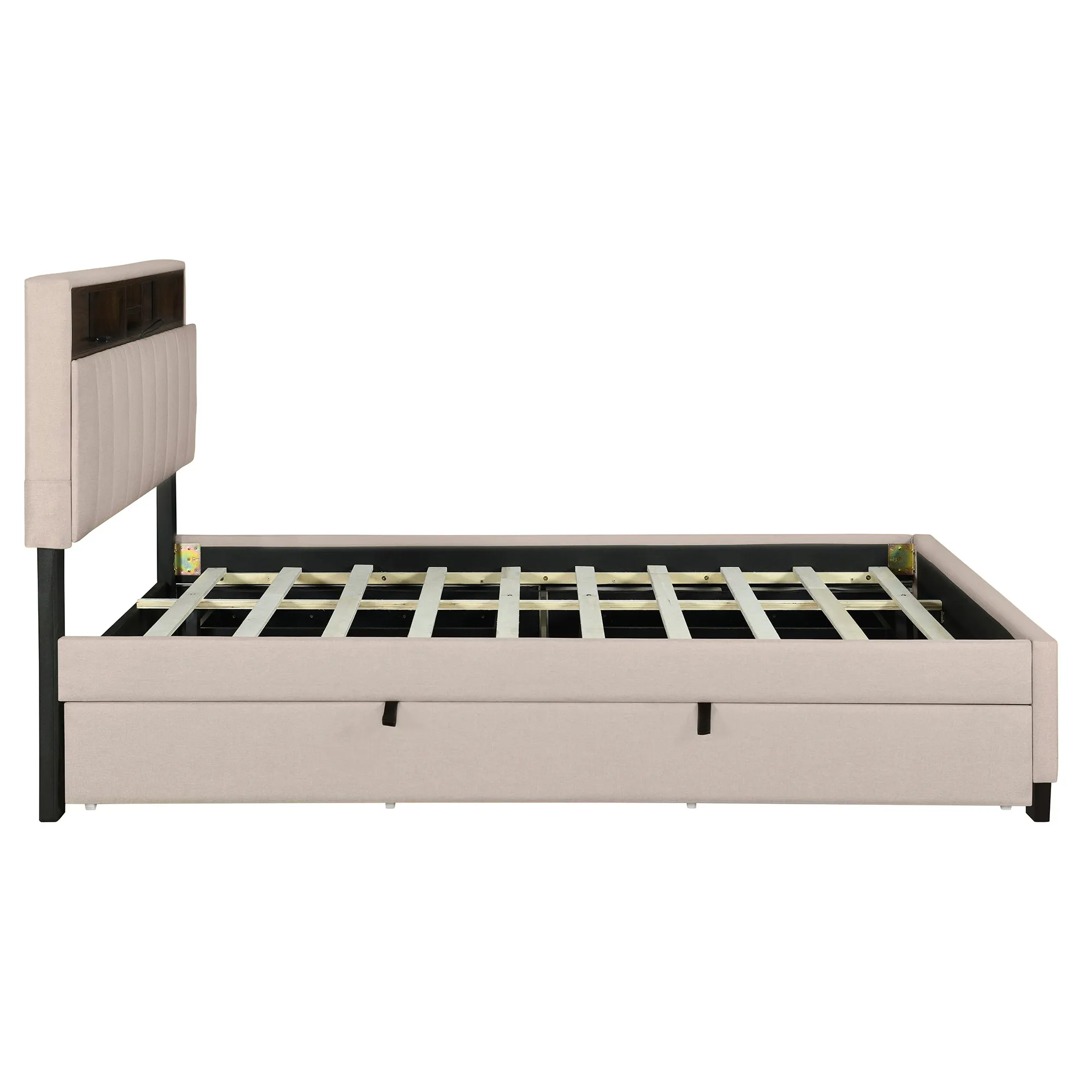 Full size Upholstered Platform Bed with Storage Headboard, Twin Size Trundle & 2 drawers and a set of Sockets & USB Ports, Linen Fabric, Beige