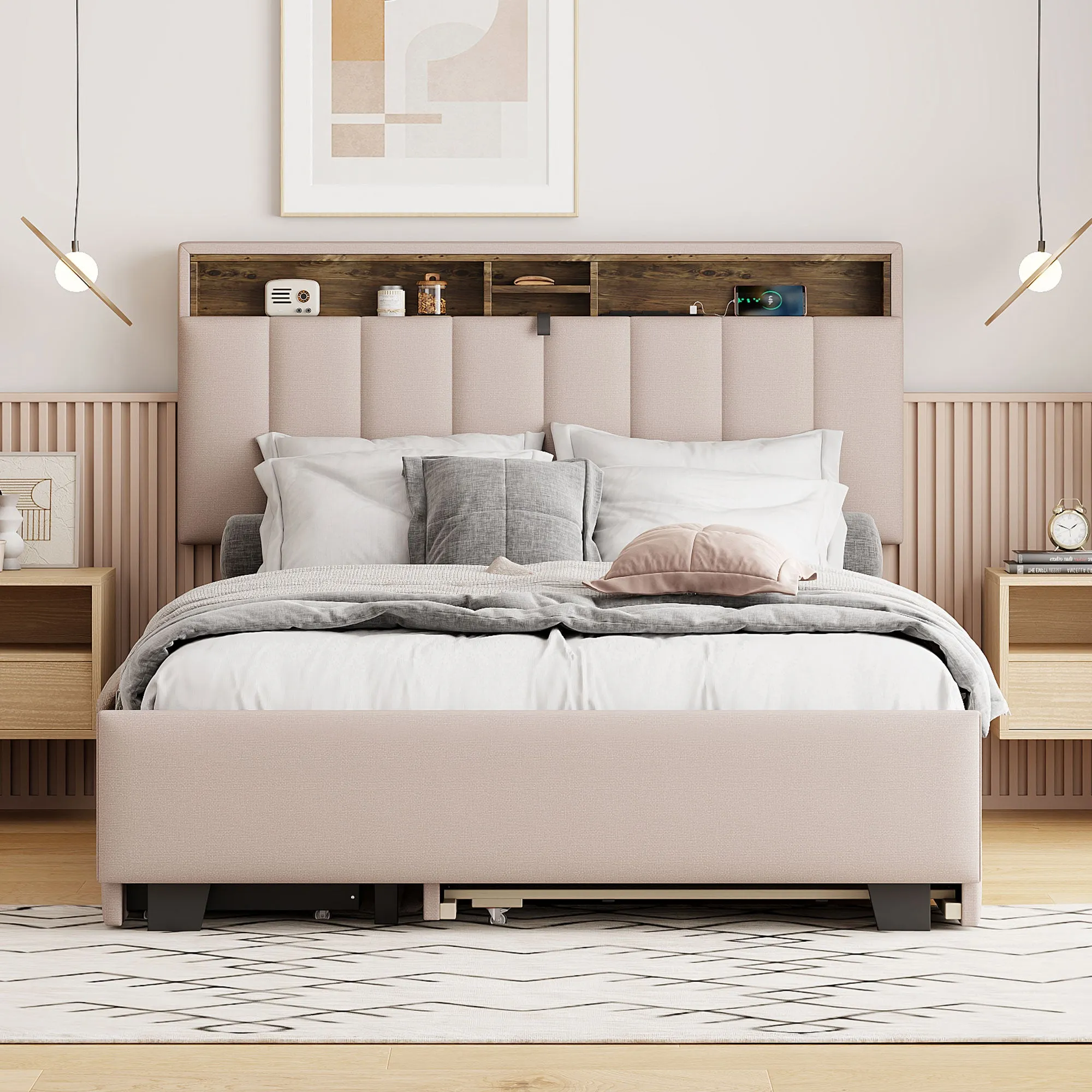 Full size Upholstered Platform Bed with Storage Headboard, Twin Size Trundle & 2 drawers and a set of Sockets & USB Ports, Linen Fabric, Beige