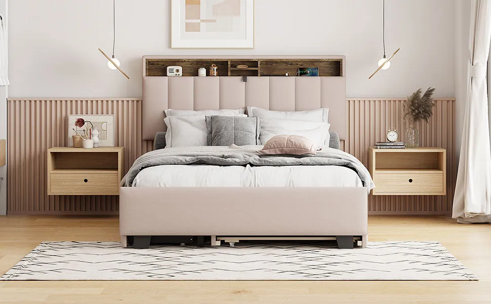 Full size Upholstered Platform Bed with Storage Headboard, Twin Size Trundle & 2 drawers and a set of Sockets & USB Ports, Linen Fabric, Beige