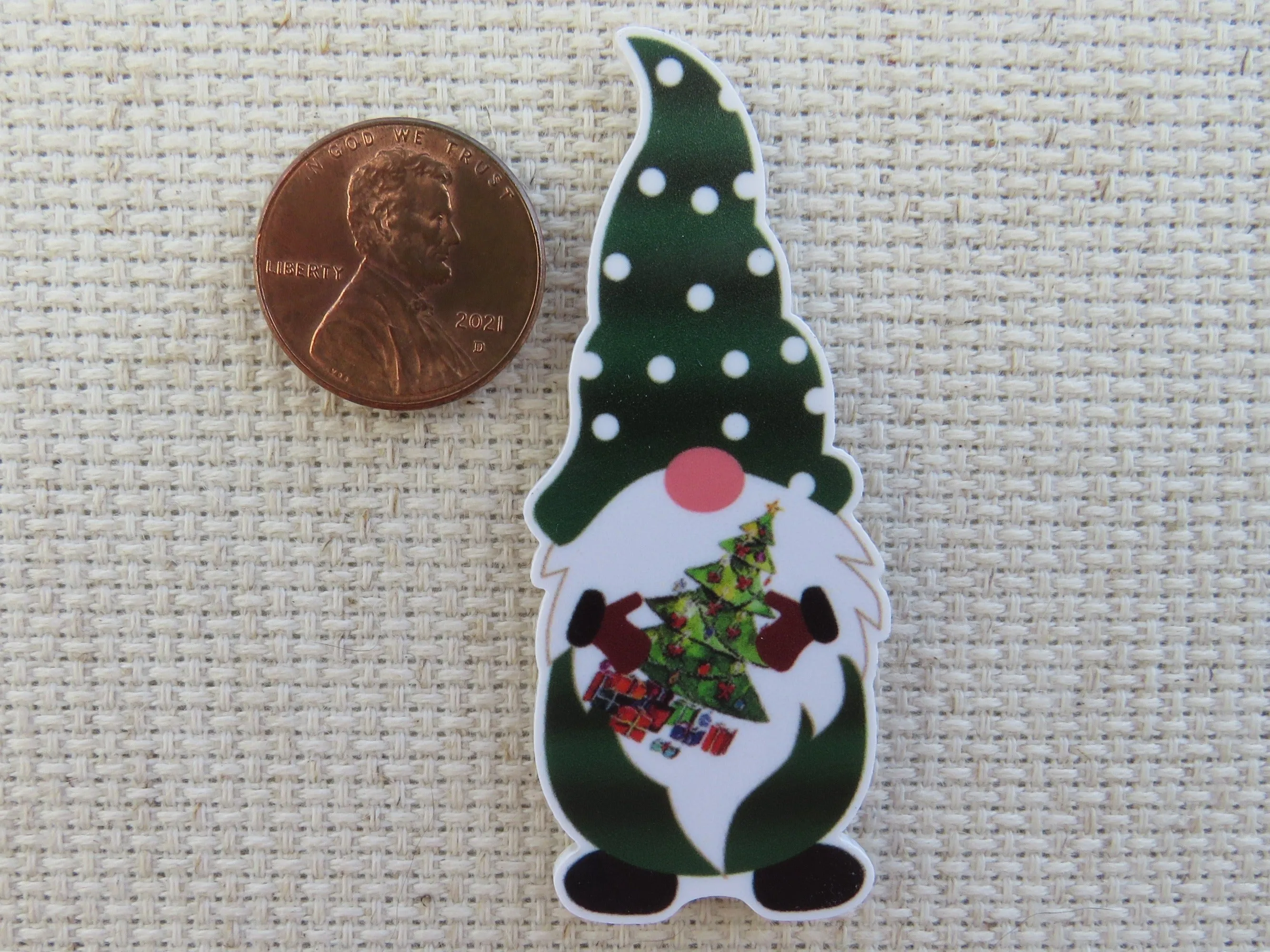 Green Gnome with a Christmas Tree Needle Minder, Cover Minder, Magnet