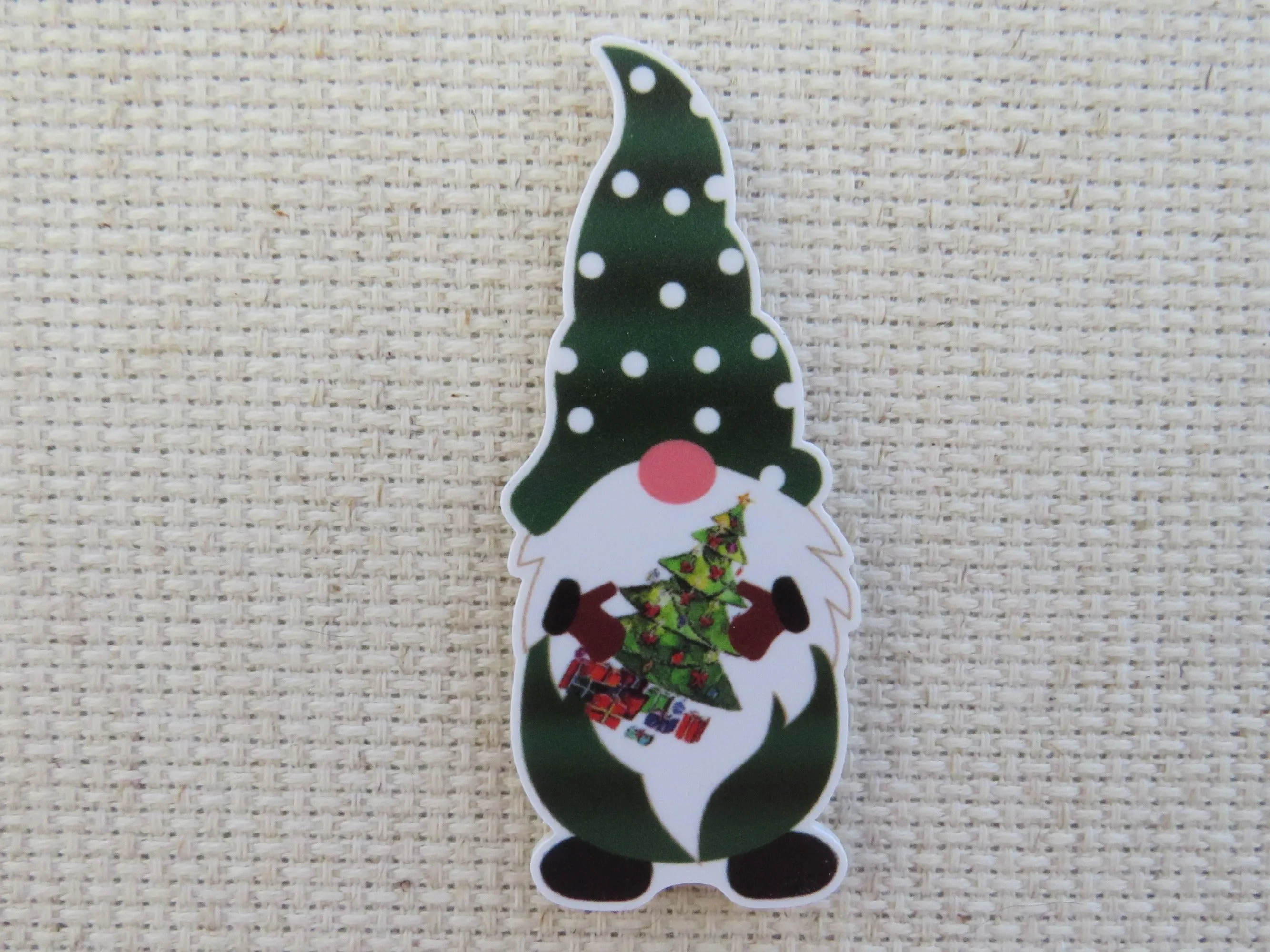 Green Gnome with a Christmas Tree Needle Minder, Cover Minder, Magnet