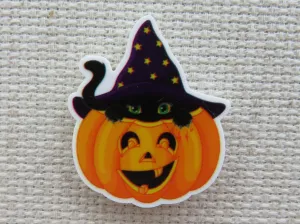 Little Black Cat Peeking out of A Happy Jack O Lantern Needle Minder, Cover Minder, Magnet