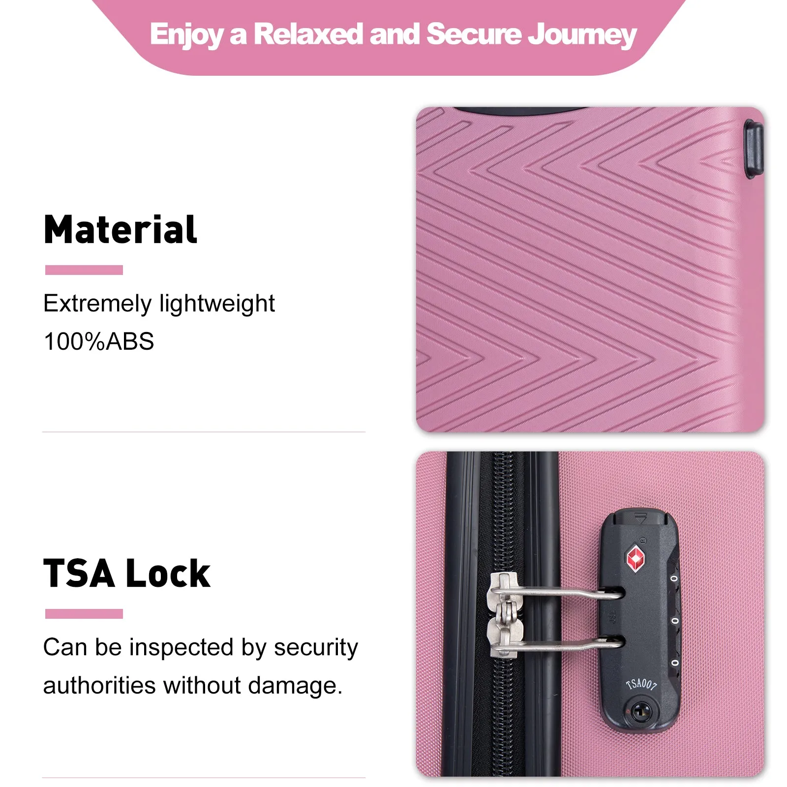 luggage 4-piece ABS lightweight suitcase with rotating wheels, 24 inch and 28 inch with TSA lock, (16/20/24/28) PINK