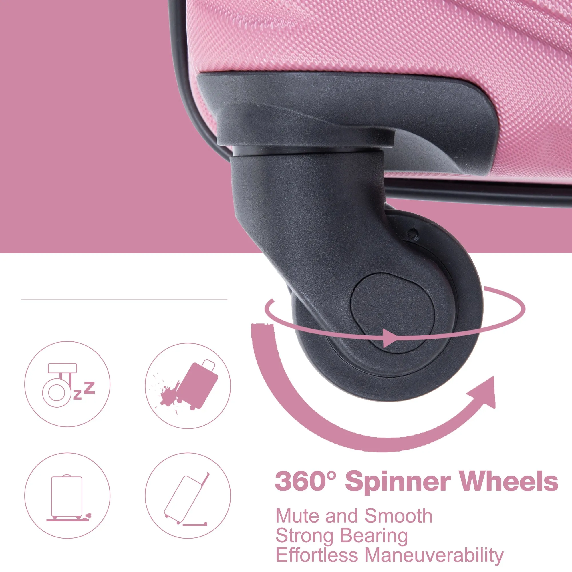 luggage 4-piece ABS lightweight suitcase with rotating wheels, 24 inch and 28 inch with TSA lock, (16/20/24/28) PINK