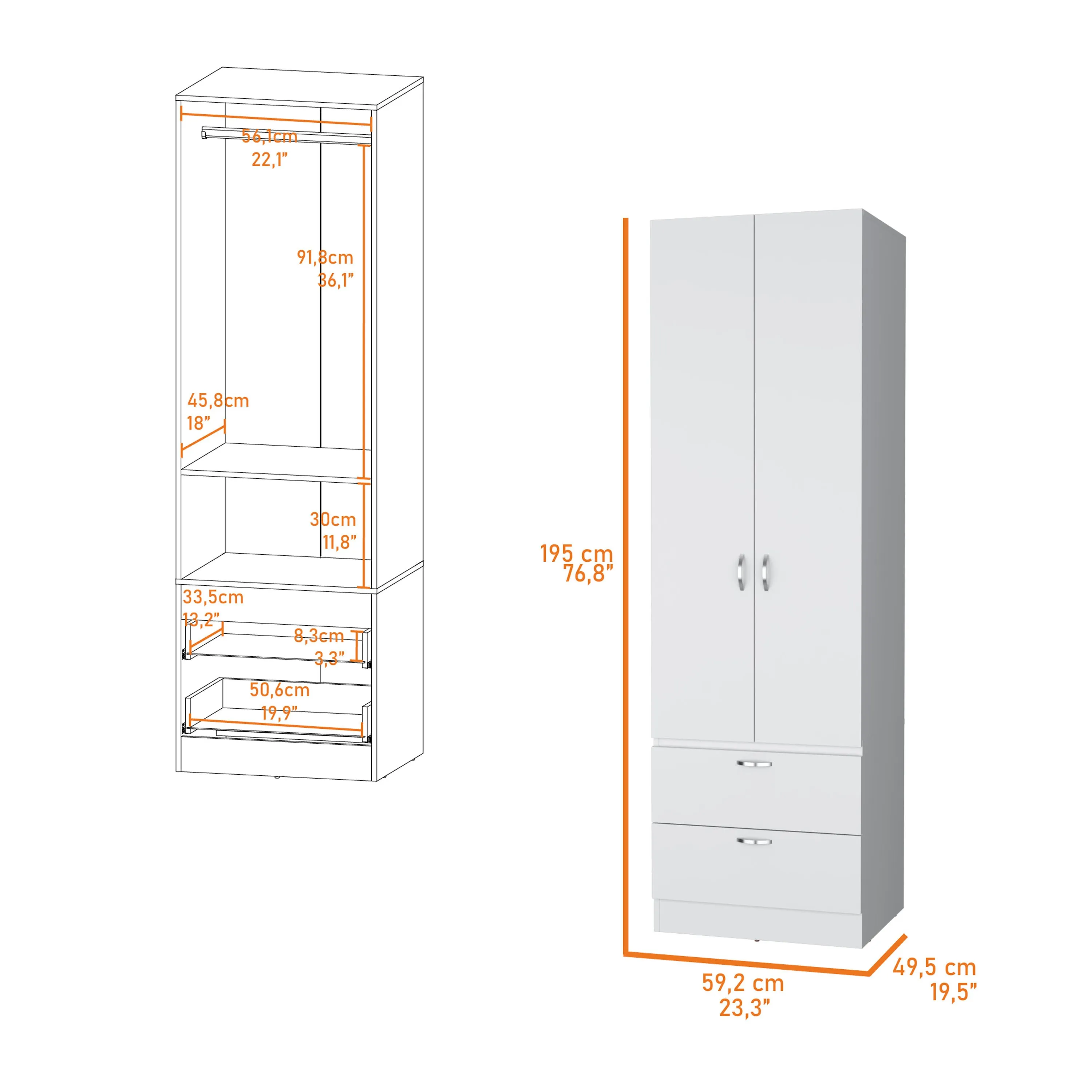 Mayer 2-Door 2-Drawer Wardrobe Marquez White