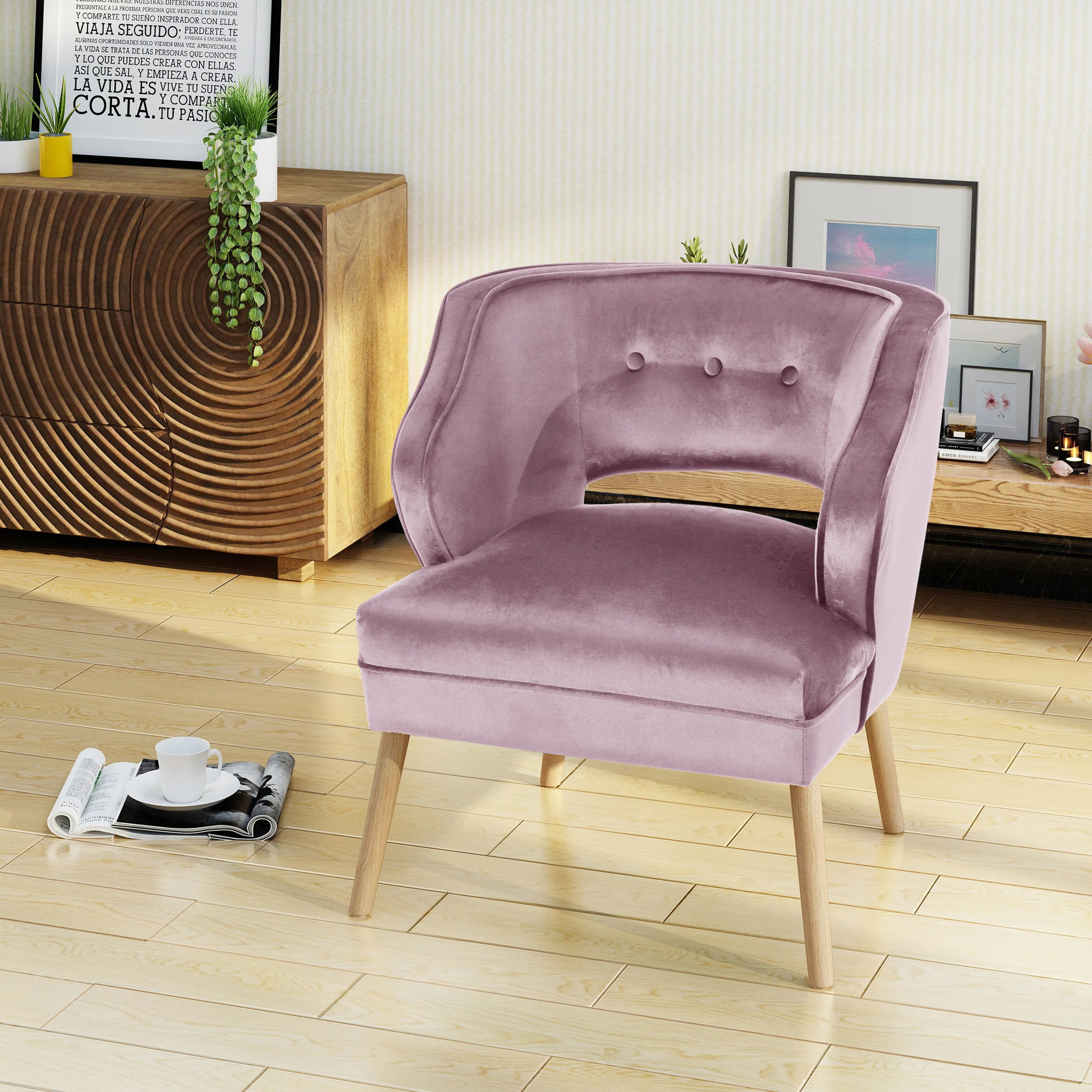 Michaela Mid Century Velvet Tufted Accent Chair, Light Lavender