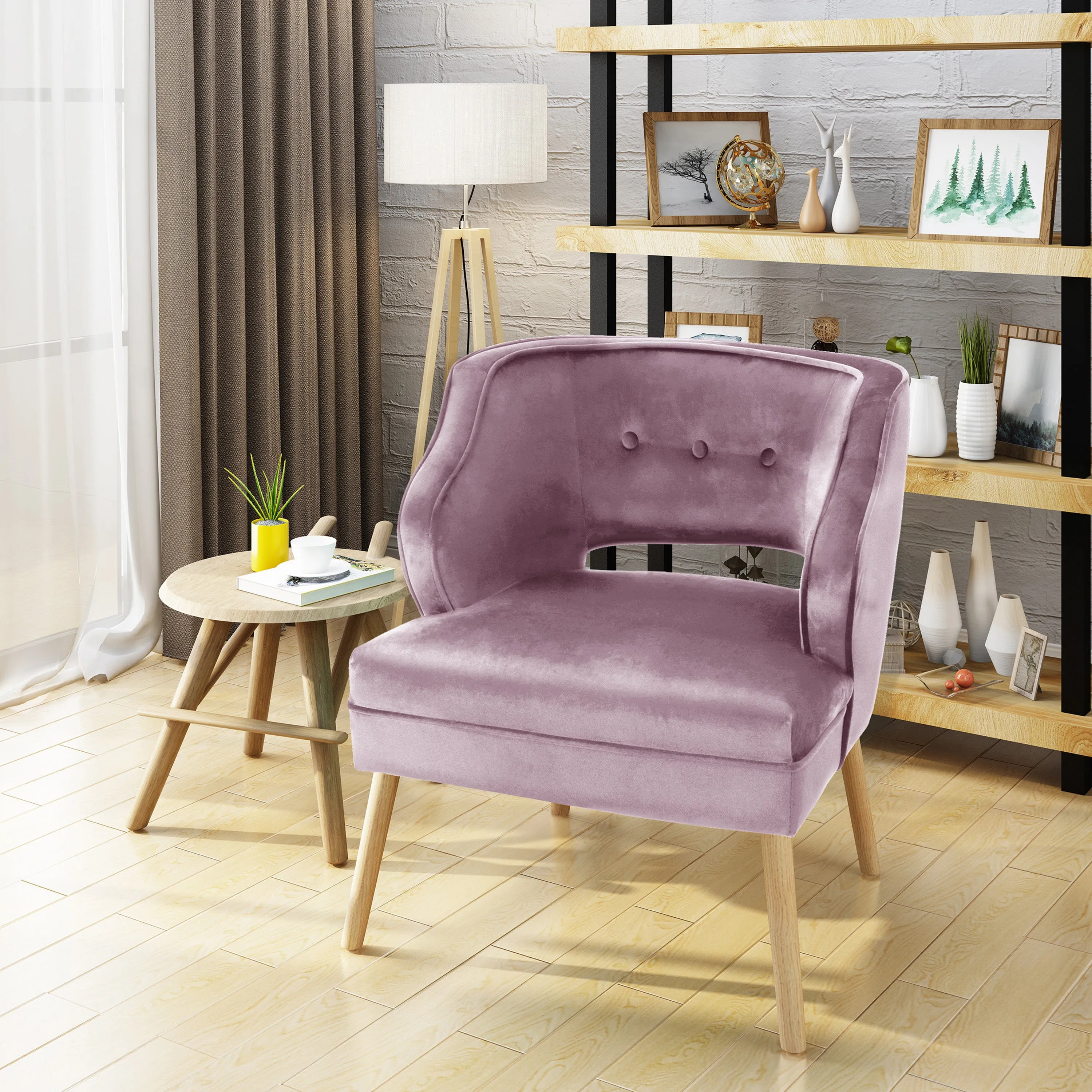 Michaela Mid Century Velvet Tufted Accent Chair, Light Lavender