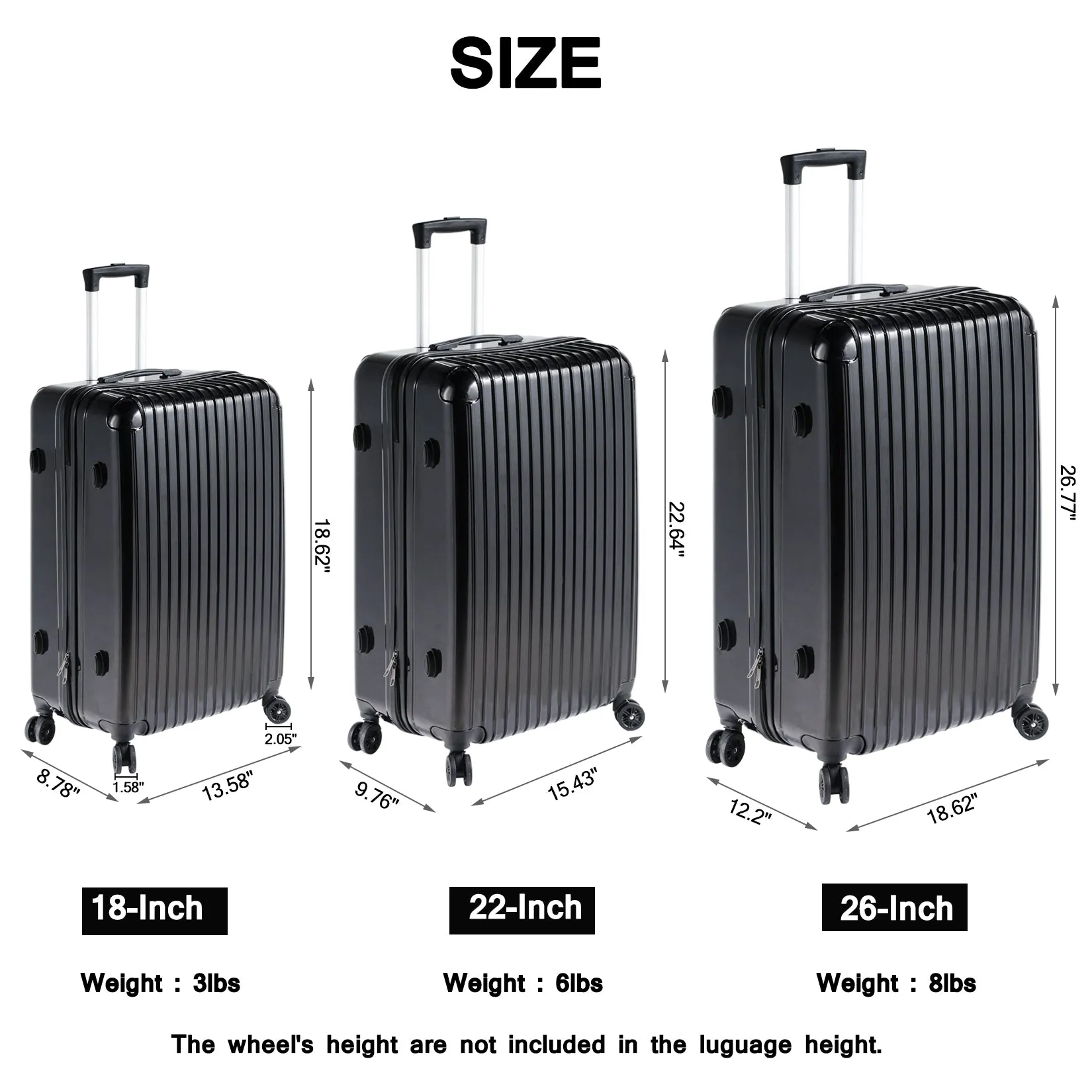 Miibox 3 Piece Set ABS PC Material Spinner Wheel Luggage Carrier Easy Portable, Black