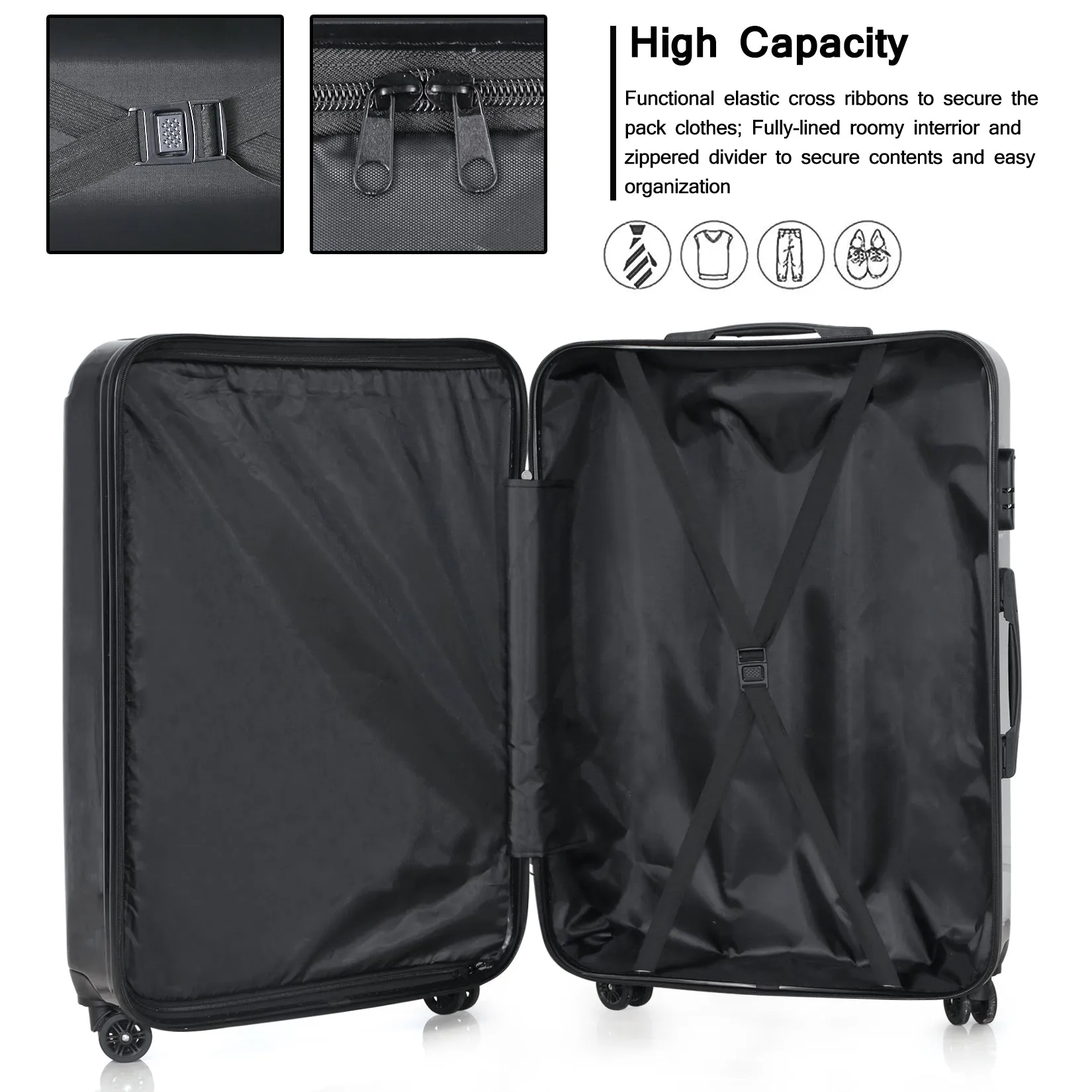 Miibox 3 Piece Set ABS PC Material Spinner Wheel Luggage Carrier Easy Portable, Black