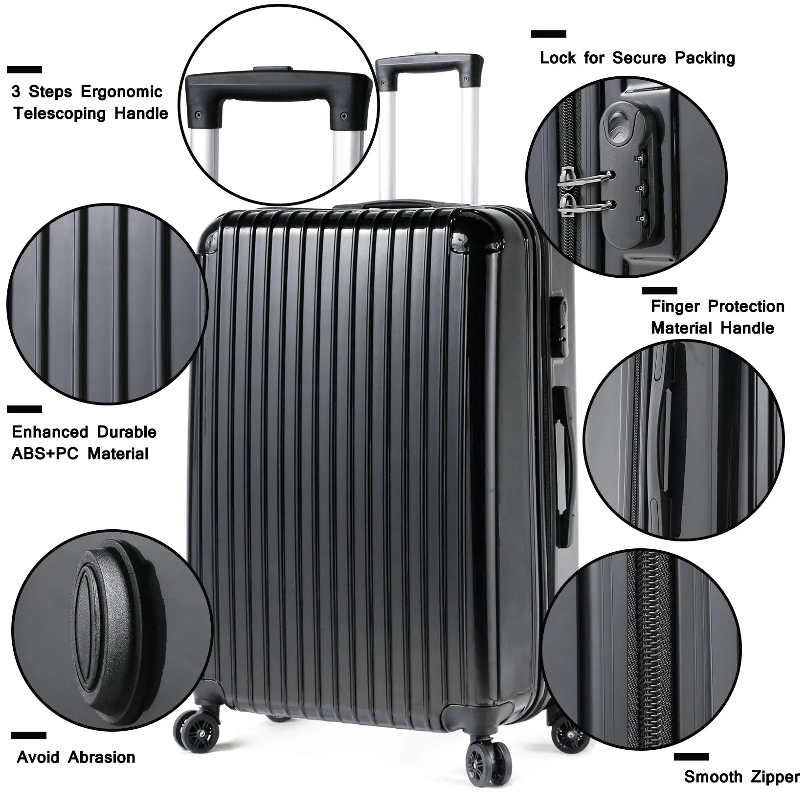 Miibox 3 Piece Set ABS PC Material Spinner Wheel Luggage Carrier Easy Portable, Black