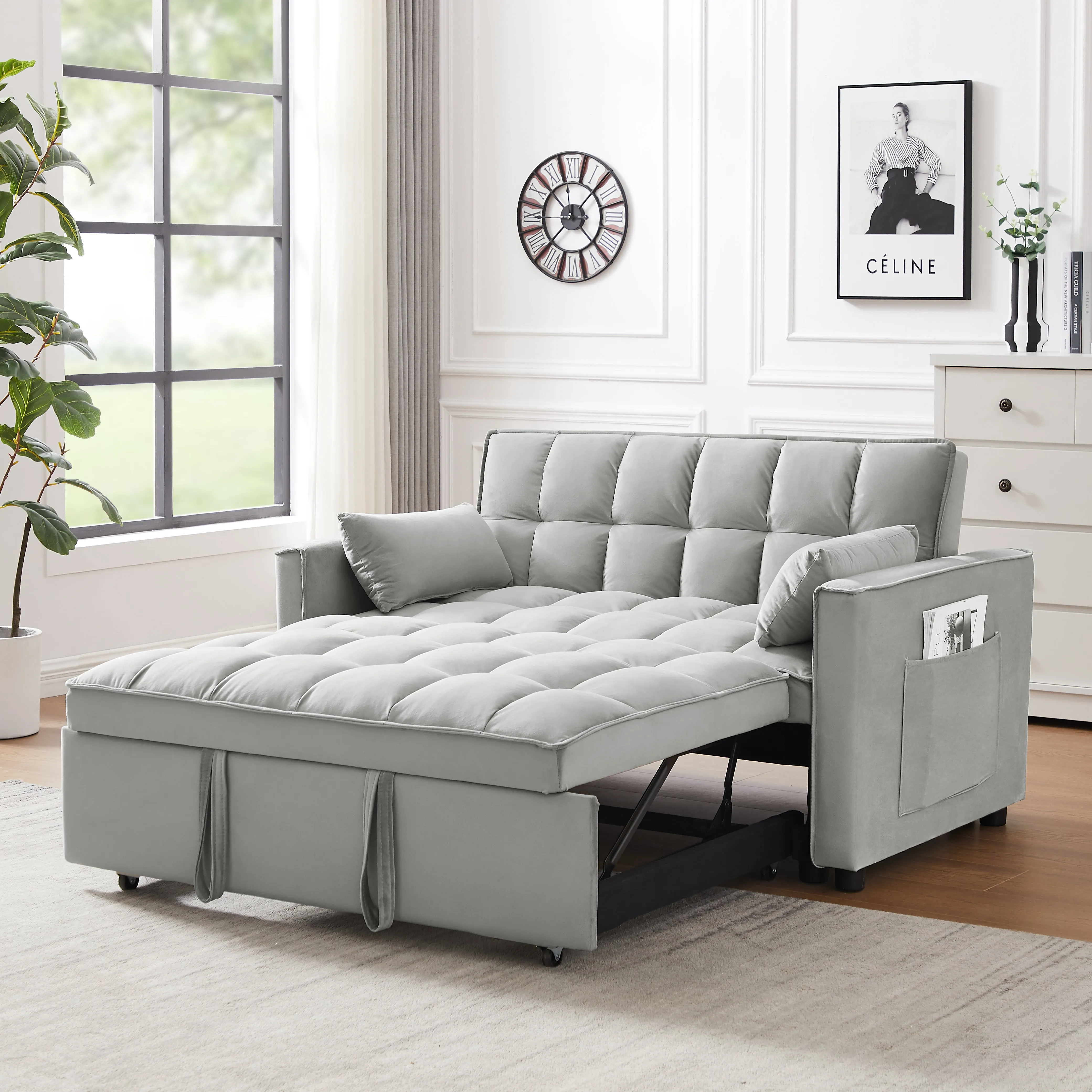 Modern Velvet Loveseat Futon Sofa Couch w/Pullout Bed,Small Love Seat Lounge Sofa w/Reclining Backrest,Toss Pillows, Pockets,Furniture for Living Room,3 in 1 Convertible Sleeper Sofa Bed, Gray