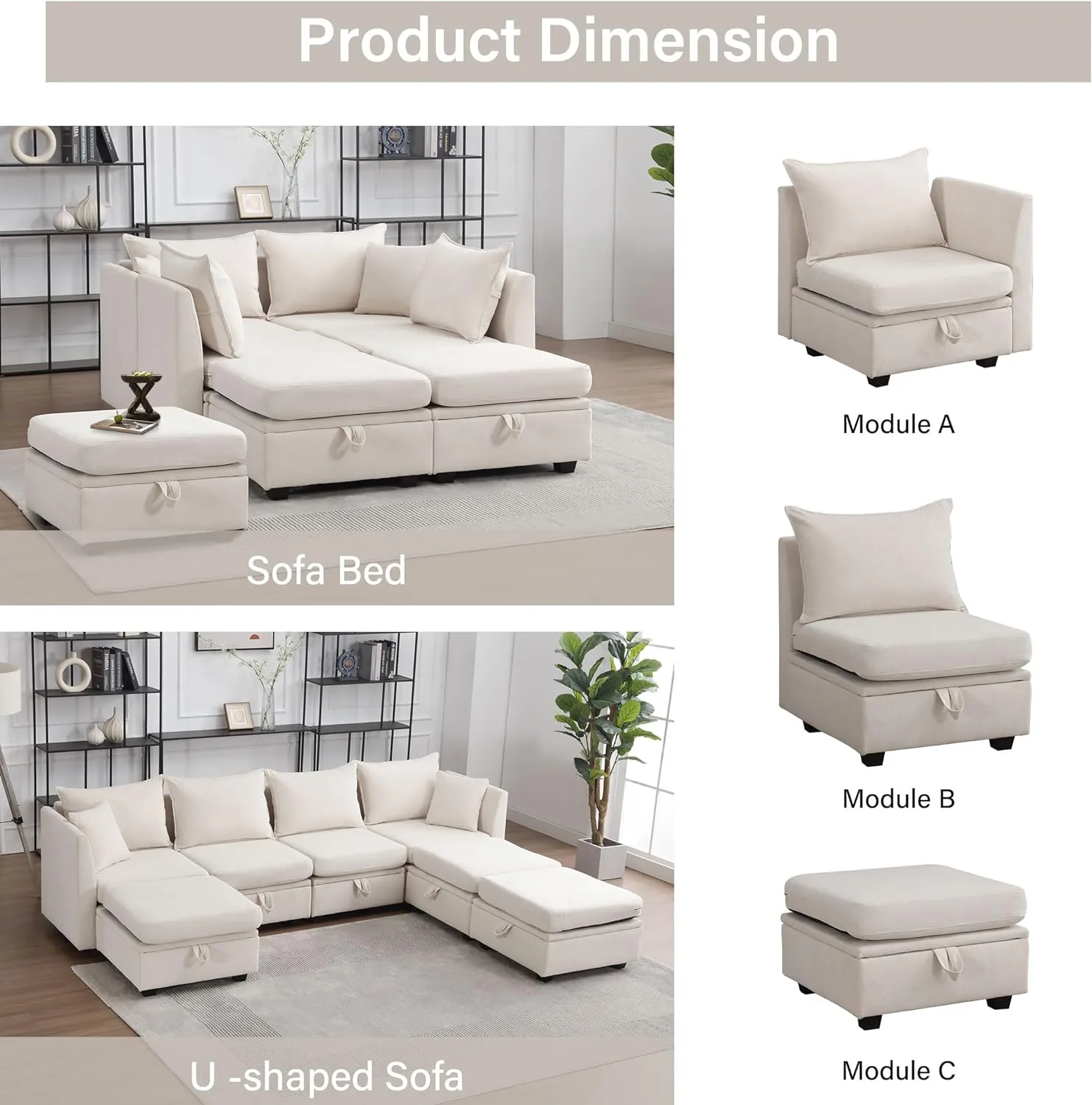 Modular Sectional Sofa, Convertible Sofa Couch with Storage, Sleeper Sectional Sofa Set, Flexible Modular Combinations Fabric Couch for Living Room