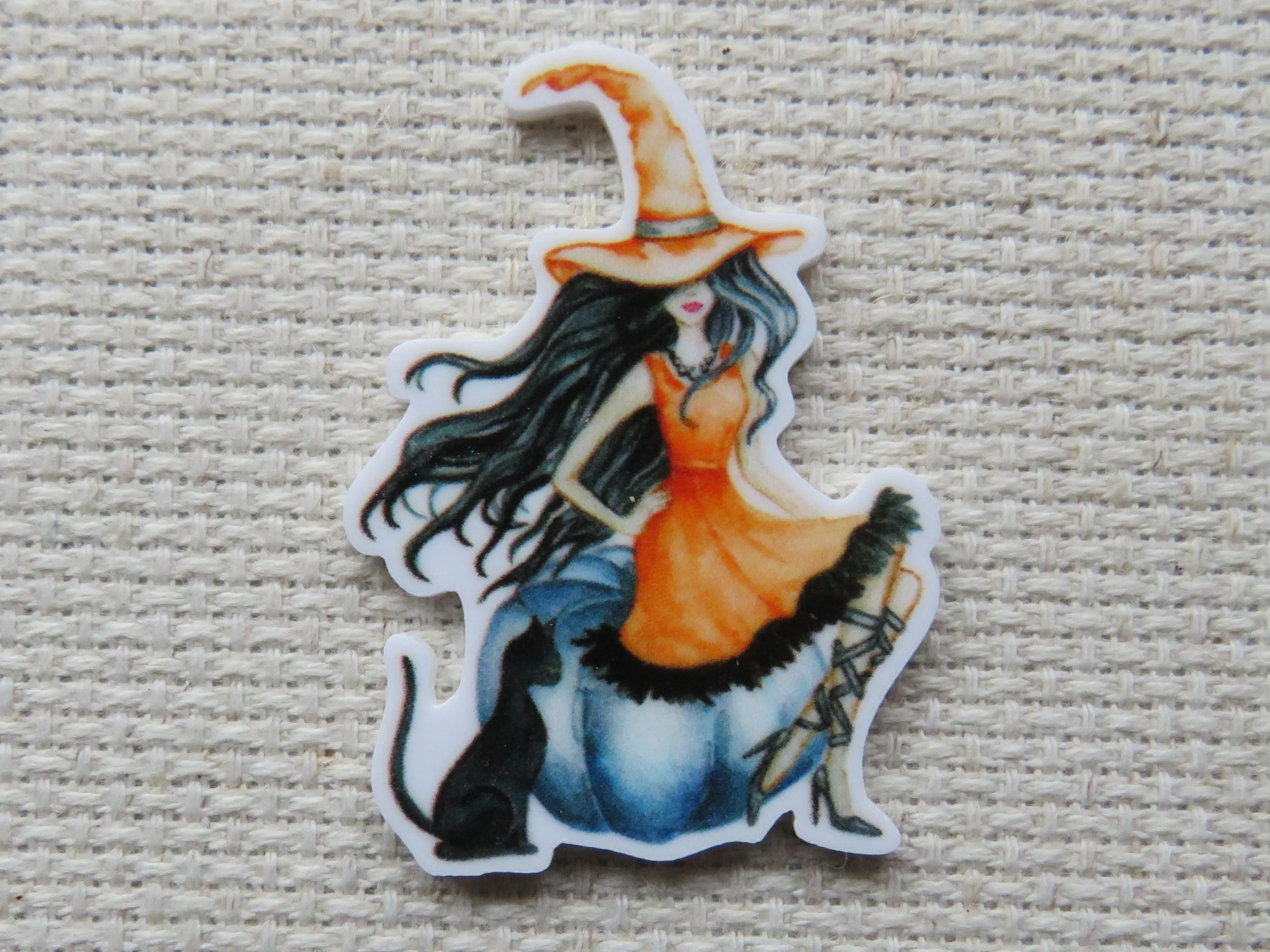 Orange Witch with a Black Cat Needle Minder, Cover Minder, Magnet