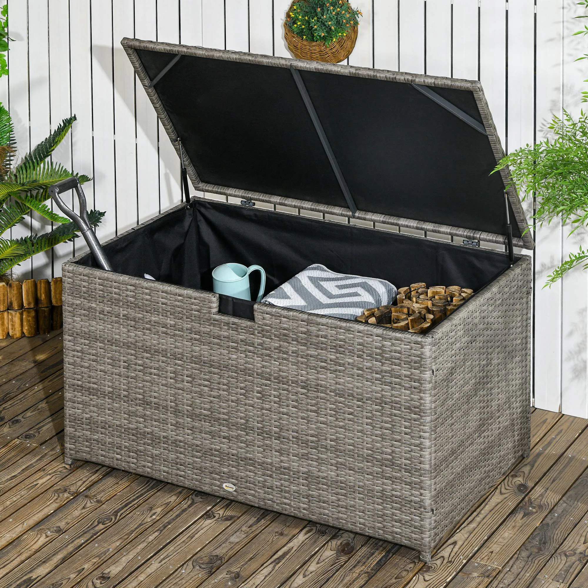 Outsunny 113 Gallon Deck Box, Rattan Outdoor Storage Box, Waterproof Storage Container for Indoor, Patio Furniture Cushions, Pool Toys, Garden Tools, Gray