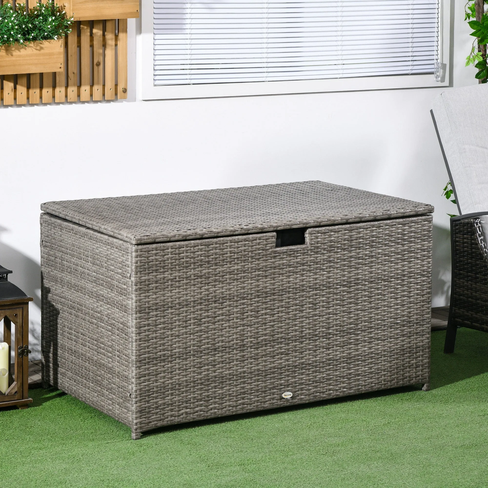 Outsunny 113 Gallon Deck Box, Rattan Outdoor Storage Box, Waterproof Storage Container for Indoor, Patio Furniture Cushions, Pool Toys, Garden Tools, Gray