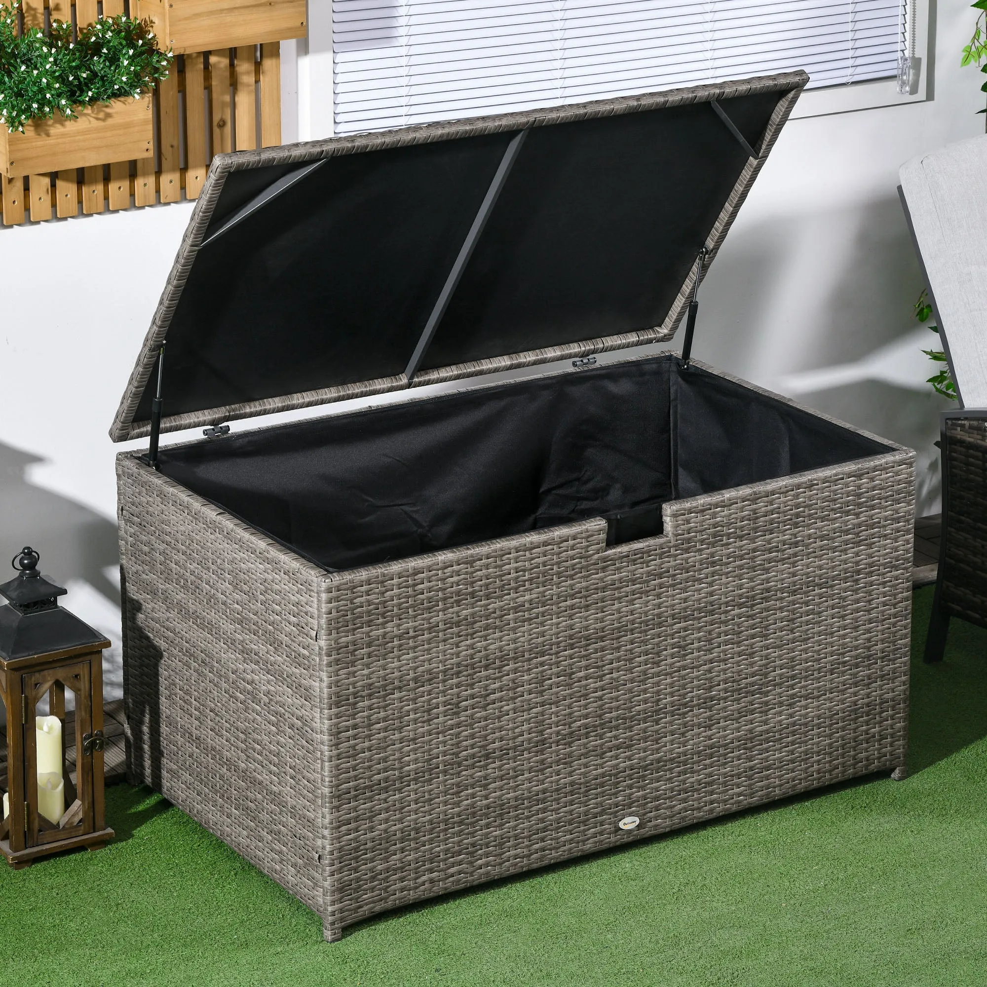 Outsunny 113 Gallon Deck Box, Rattan Outdoor Storage Box, Waterproof Storage Container for Indoor, Patio Furniture Cushions, Pool Toys, Garden Tools, Gray