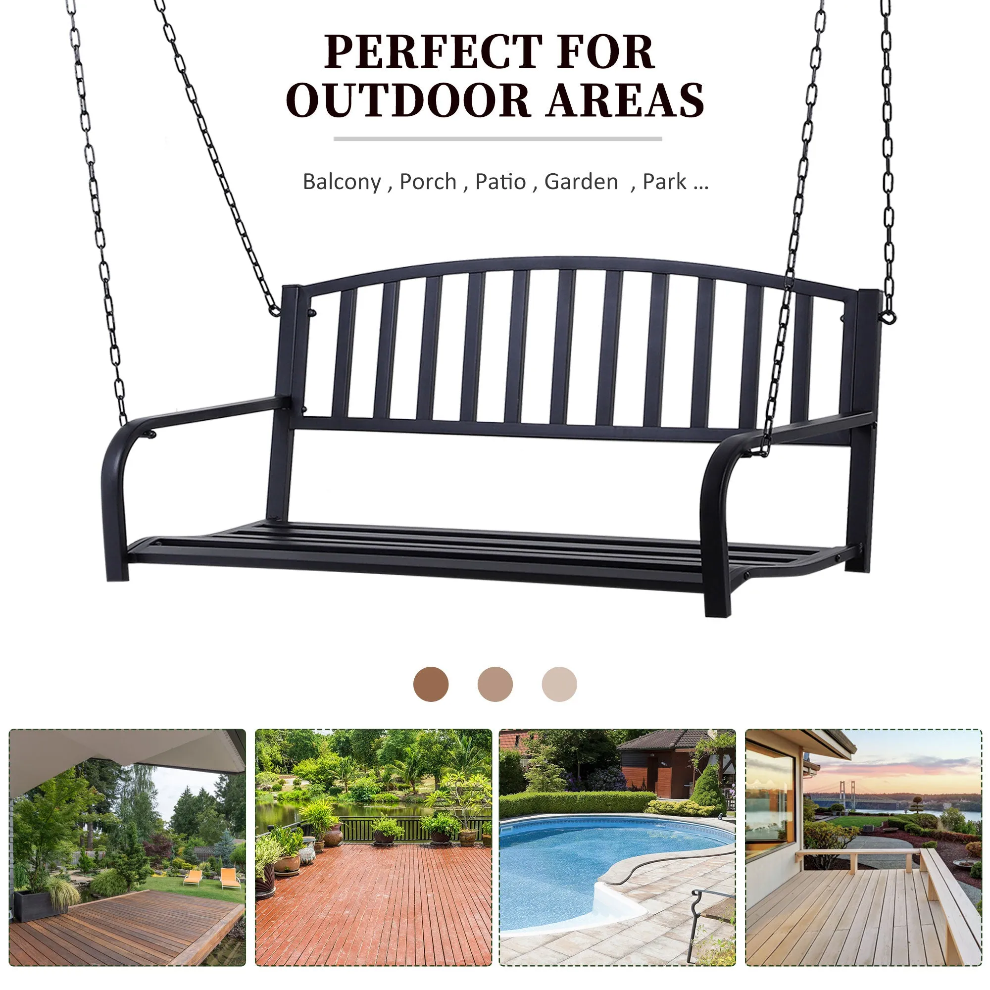 Outsunny 2 Person Front Porch Swing Patio Swing Bench, Outdoor Steel Swing Chair with Sturdy Chains, for Backyard, Deck, 528 lb Weight Capacity, Black