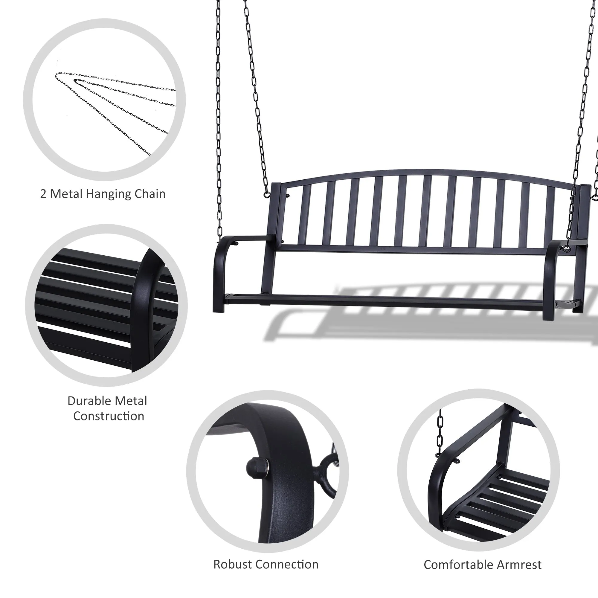 Outsunny 2 Person Front Porch Swing Patio Swing Bench, Outdoor Steel Swing Chair with Sturdy Chains, for Backyard, Deck, 528 lb Weight Capacity, Black