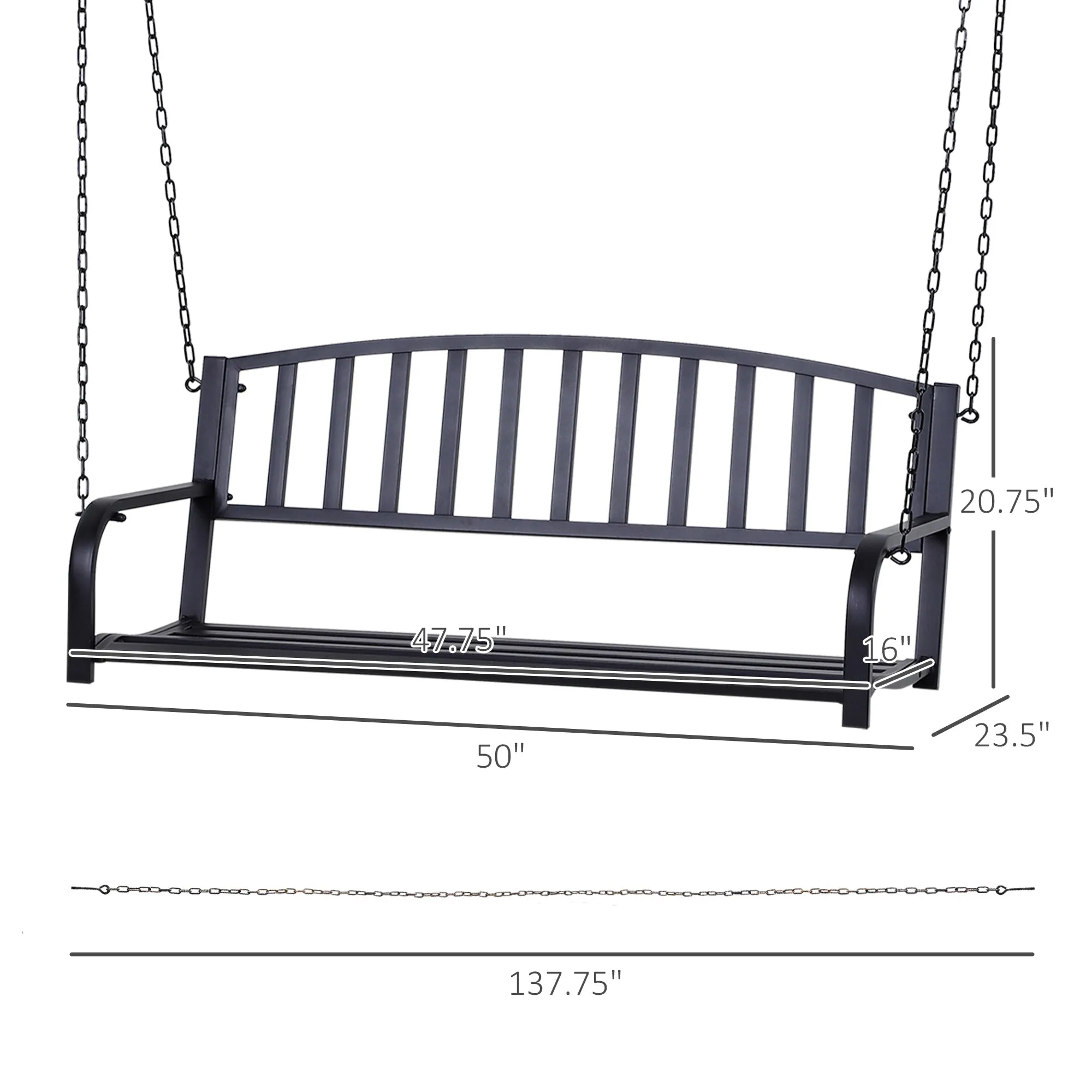 Outsunny 2 Person Front Porch Swing Patio Swing Bench, Outdoor Steel Swing Chair with Sturdy Chains, for Backyard, Deck, 528 lb Weight Capacity, Black