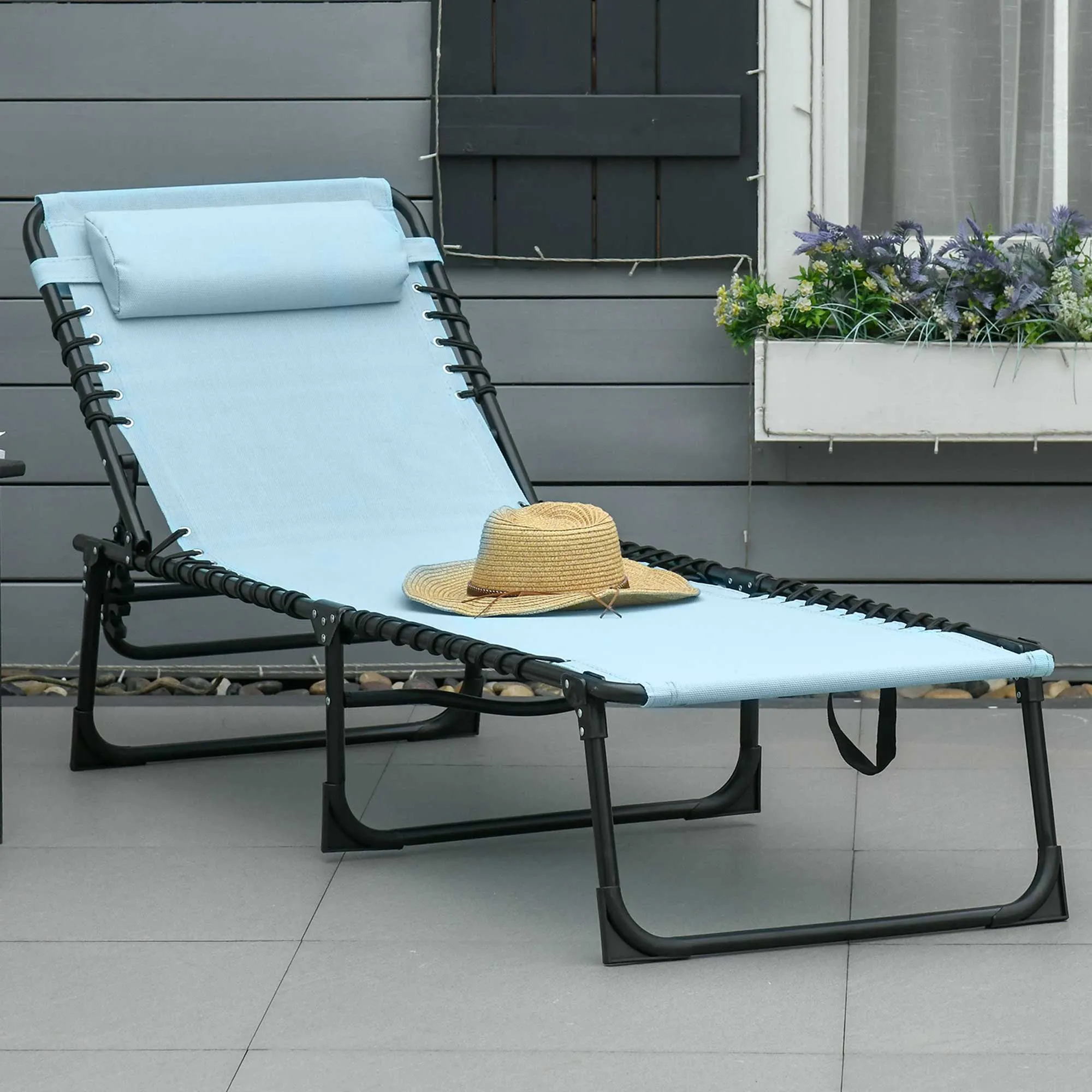 Outsunny Folding Chaise Lounge Pool Chair, Patio Sun Tanning Chair, Outdoor Lounge Chair w/ 4-Position Reclining Back, Pillow, Breathable Mesh & Bungee Seat for Beach, Yard, Patio, Baby Blue