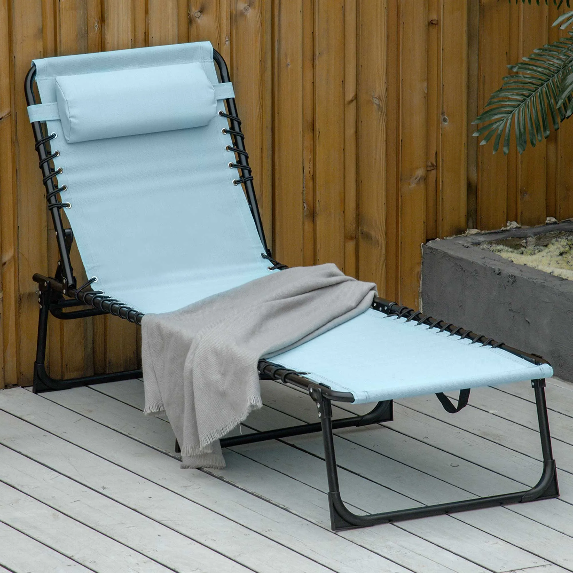 Outsunny Folding Chaise Lounge Pool Chair, Patio Sun Tanning Chair, Outdoor Lounge Chair w/ 4-Position Reclining Back, Pillow, Breathable Mesh & Bungee Seat for Beach, Yard, Patio, Baby Blue