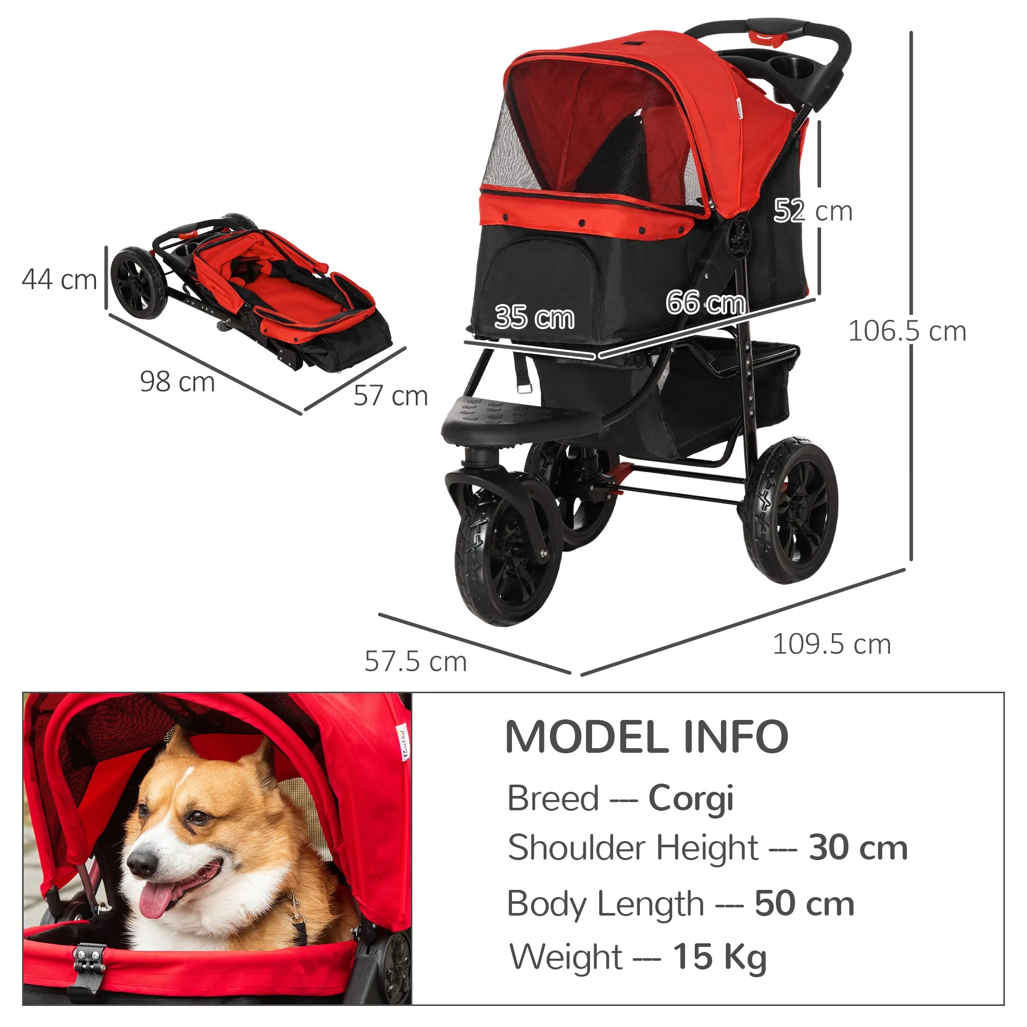 Oxford Cloth Folding 3-Wheel Pet Stroller Dog Trolley Red/Black