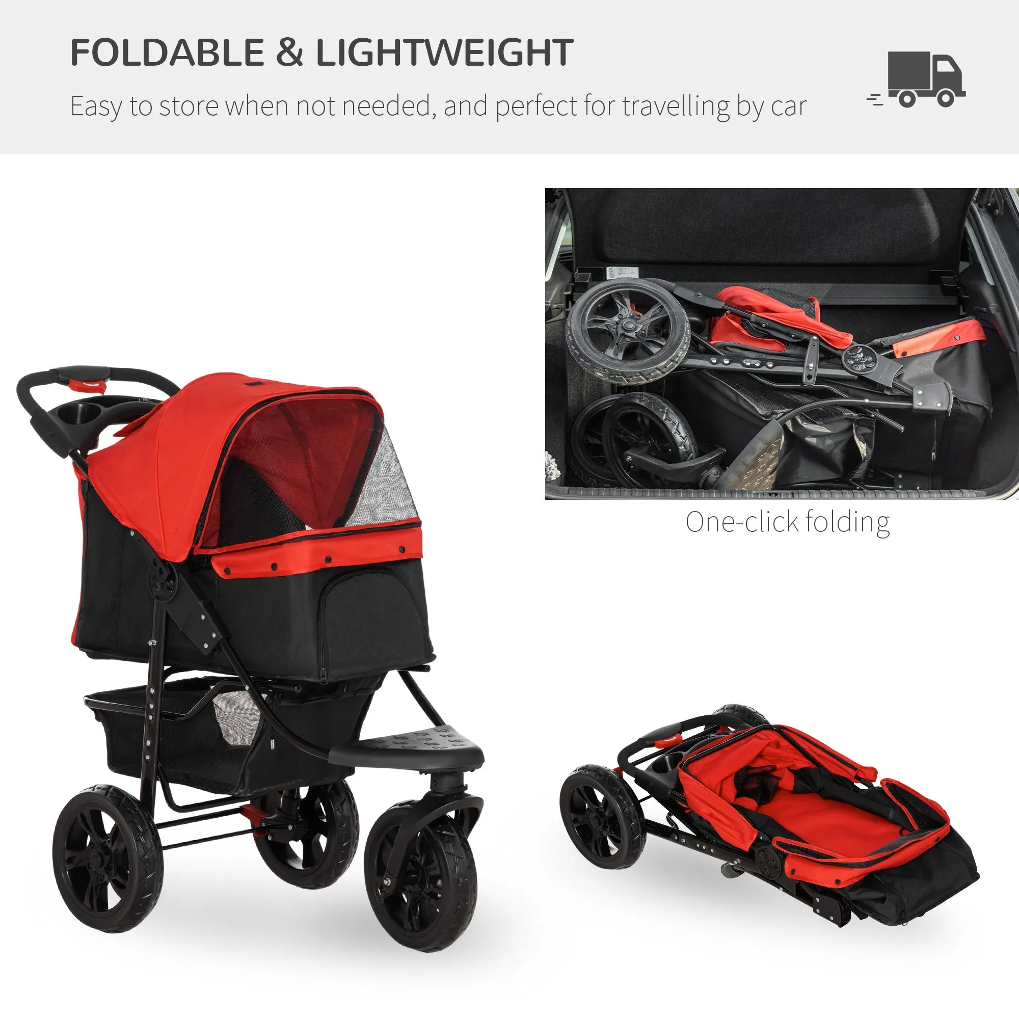 Oxford Cloth Folding 3-Wheel Pet Stroller Dog Trolley Red/Black