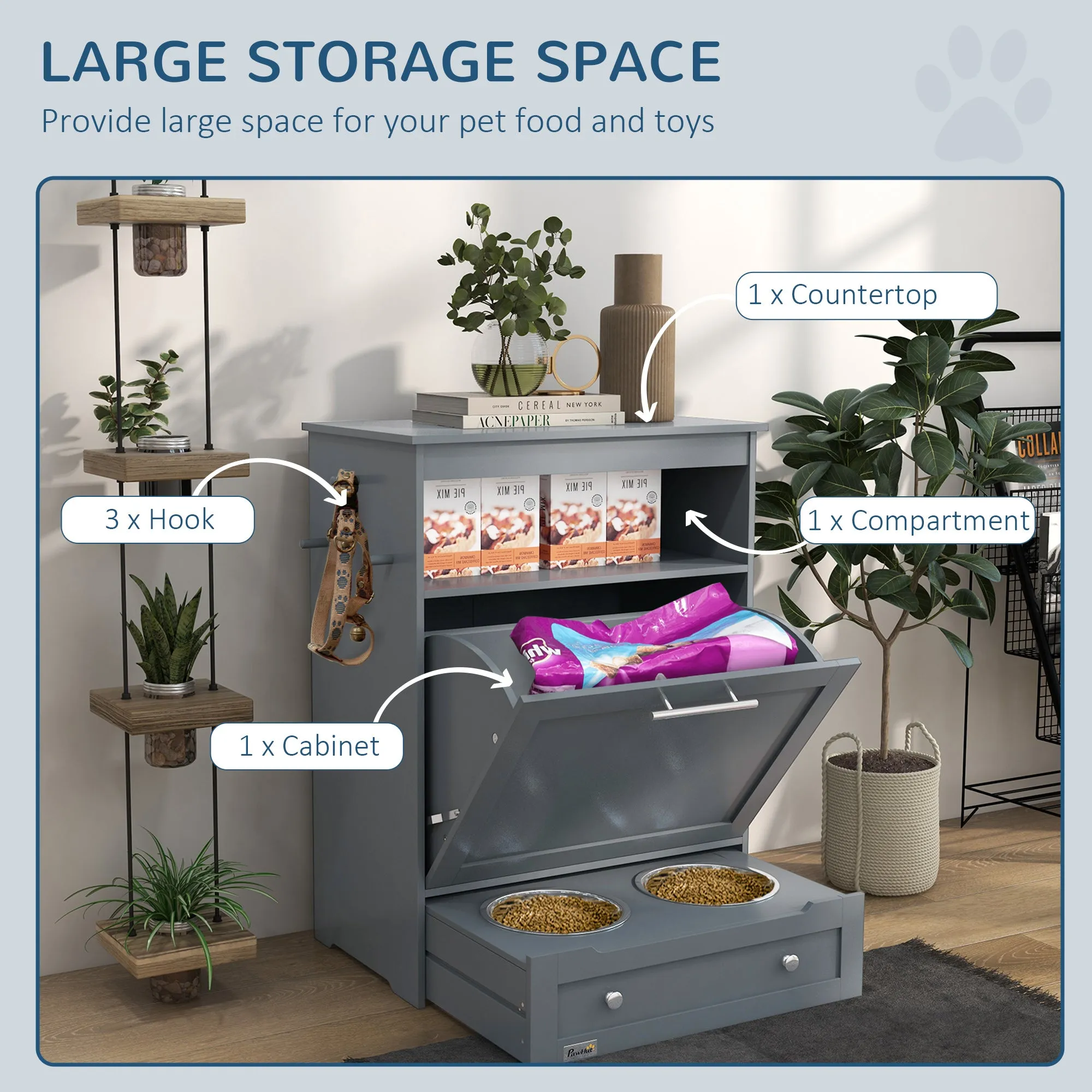 Pet Feeder Station, Dog Cat Food Storage Feeding Station, Food Cabinet