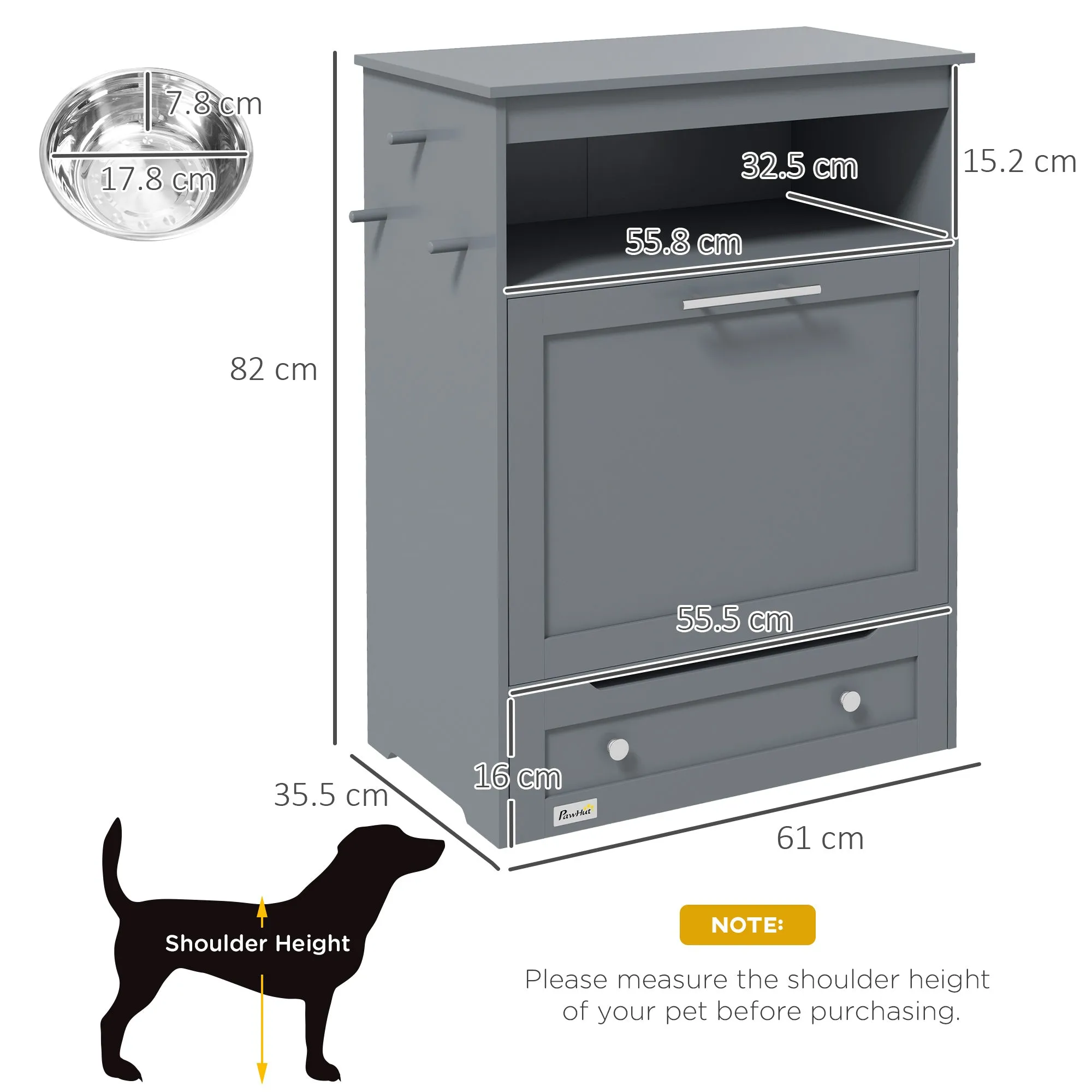 Pet Feeder Station, Dog Food Storage Container with Dog Raised Bowls and Hanger for Feeding and Watering Supplies, Grey